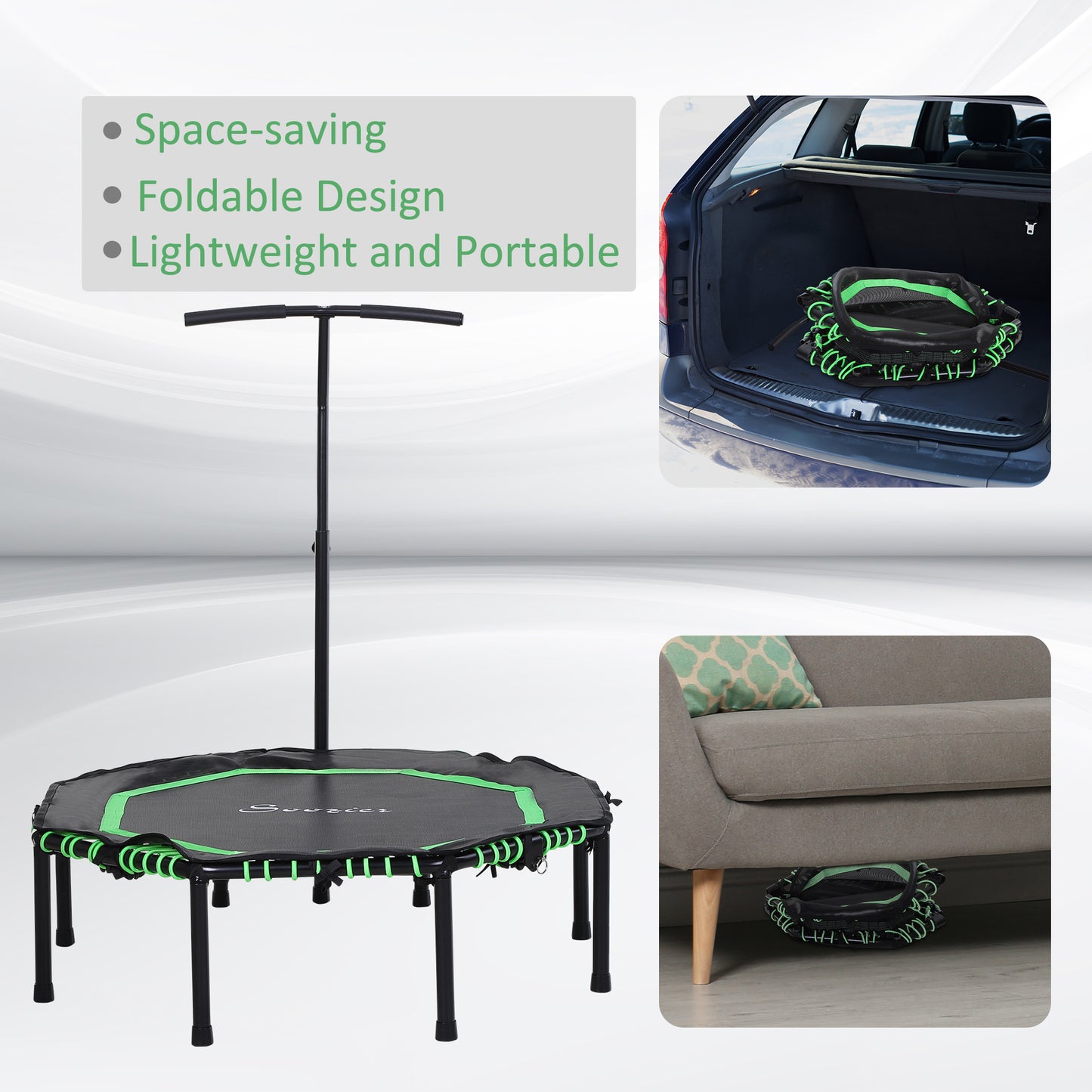 Foldable Mini Trampoline with Adjustable Handle Bar 48" for Adult Fitness Workout Green Kids Crystal