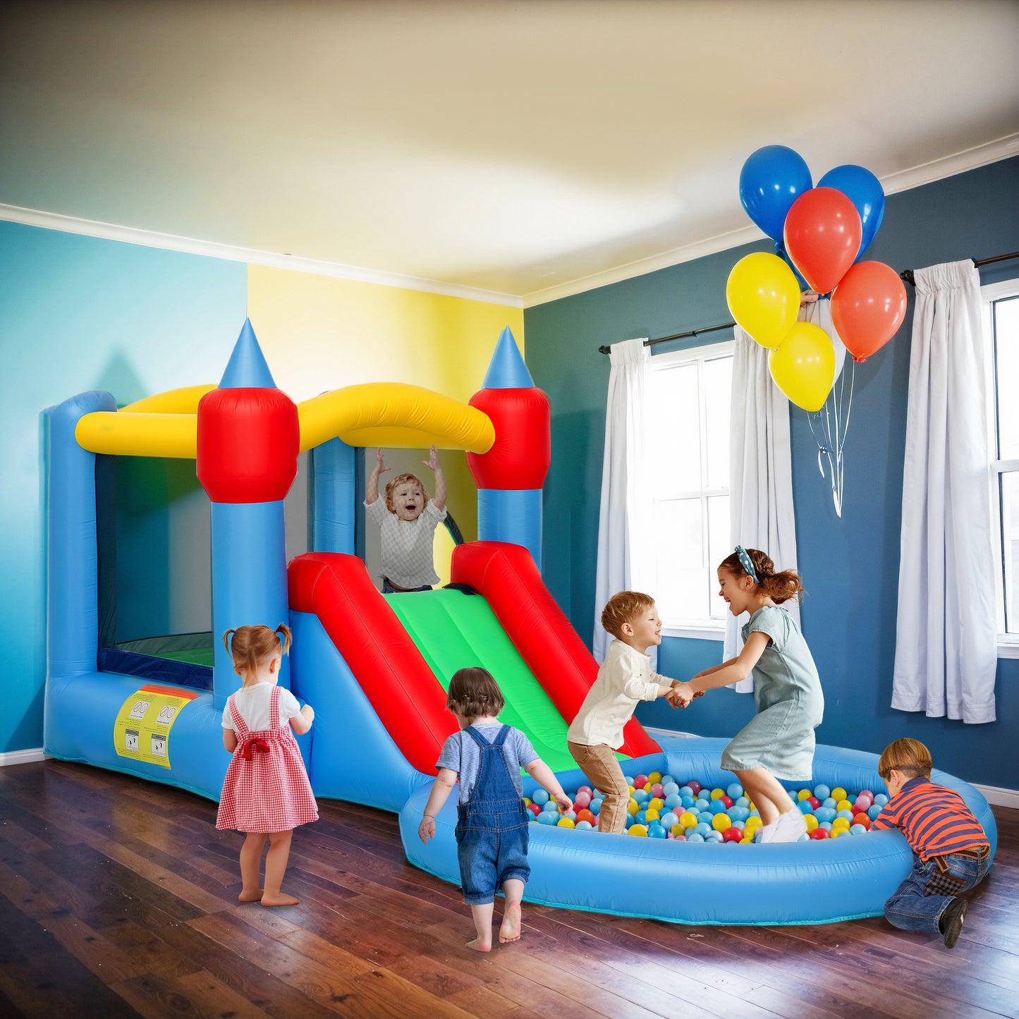 4 in 1 Inflatable Bounce House with Slide, Basketball Hoop, Ball Pit, Blower, Storage Bag, 163" x 81" x 75" Kids Crystal