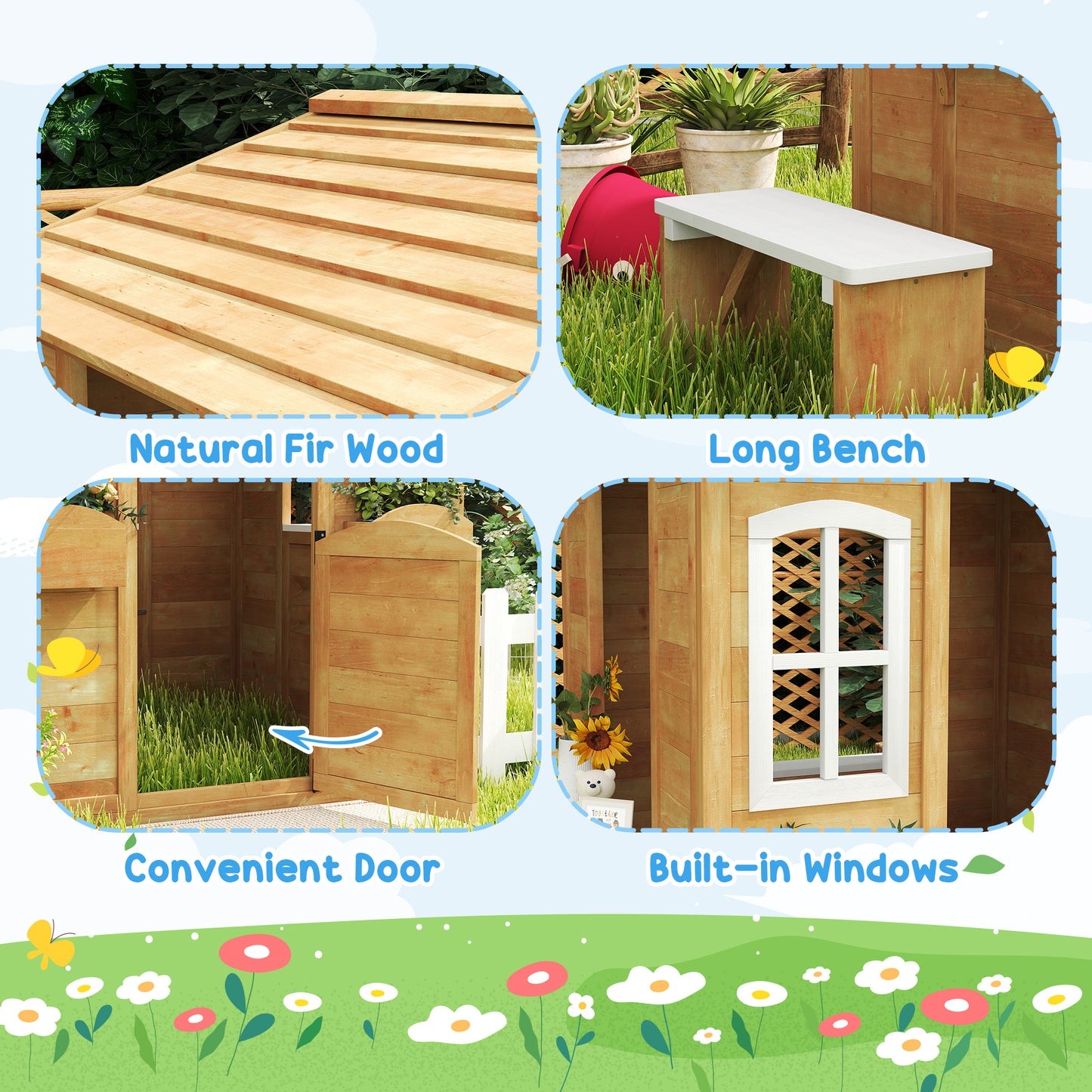 Wooden Kids Playhouse with Door Windows Mailbox Flower Pot Holder Serving Station Bench Yellow Kids Crystal