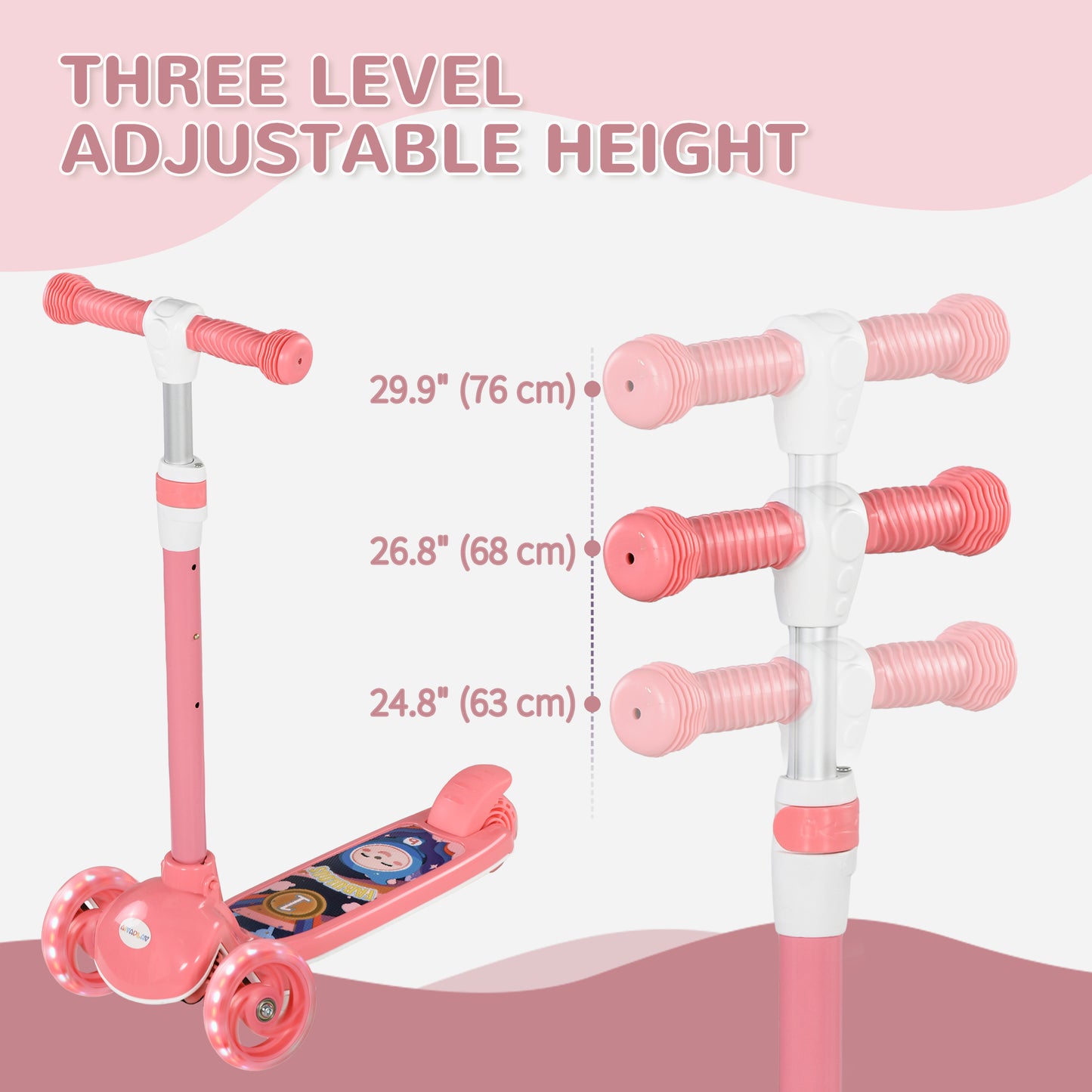 3 Wheel Kids Scooter, Toddler Kick Scooter with Adjustable Height, Rear-Fender Brake, LED Light, TPE Handlebar, Pink Kids Crystal