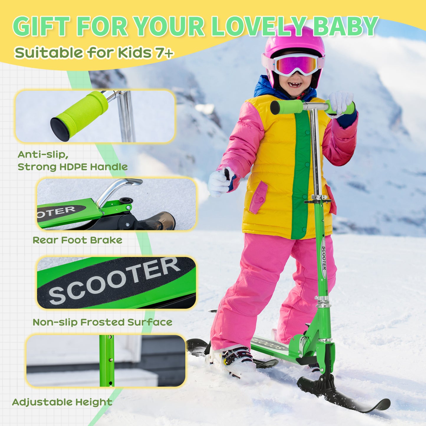 2-in-1 Convertible All-weather Scooter Snow Street Amphibious w/ Wheels Blades Green Kids Crystal