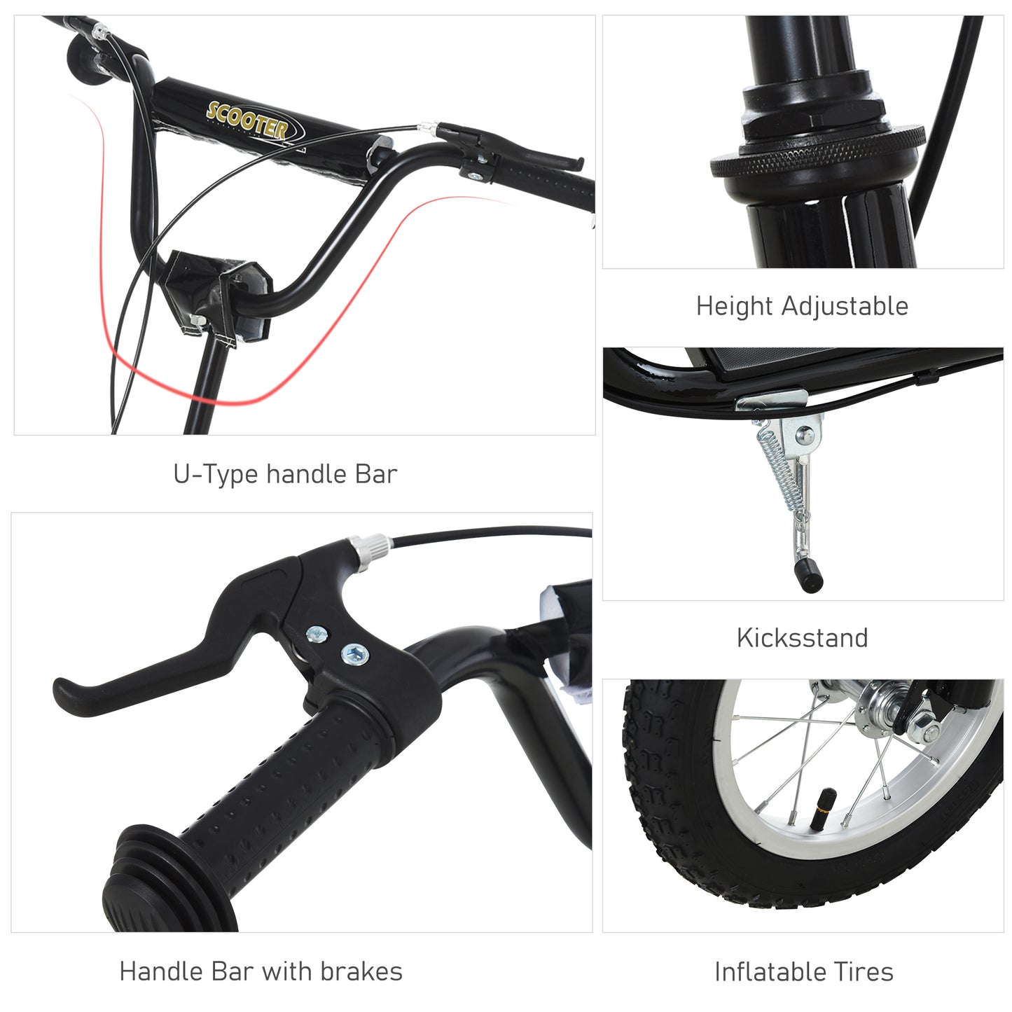 Dual Brakes Kick Scooter 12-Inch Inflatable Front Wheel Ride On Toy for Age 5+, Black Kids Crystal