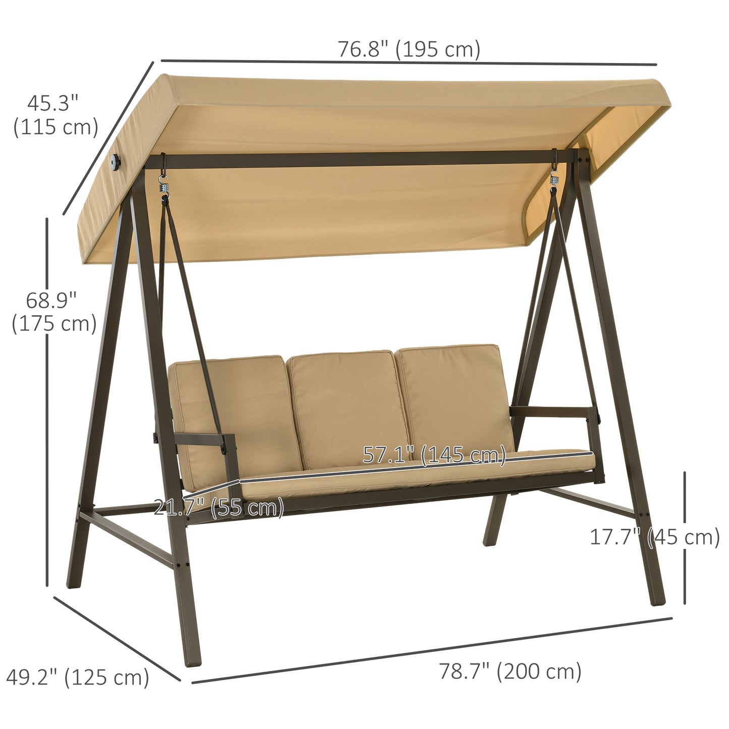 3 Seater Patio Swing Chair, Porch Swing with Adjustable Canopy and Removable Cushions, Outdoor Swing Seat, Beige