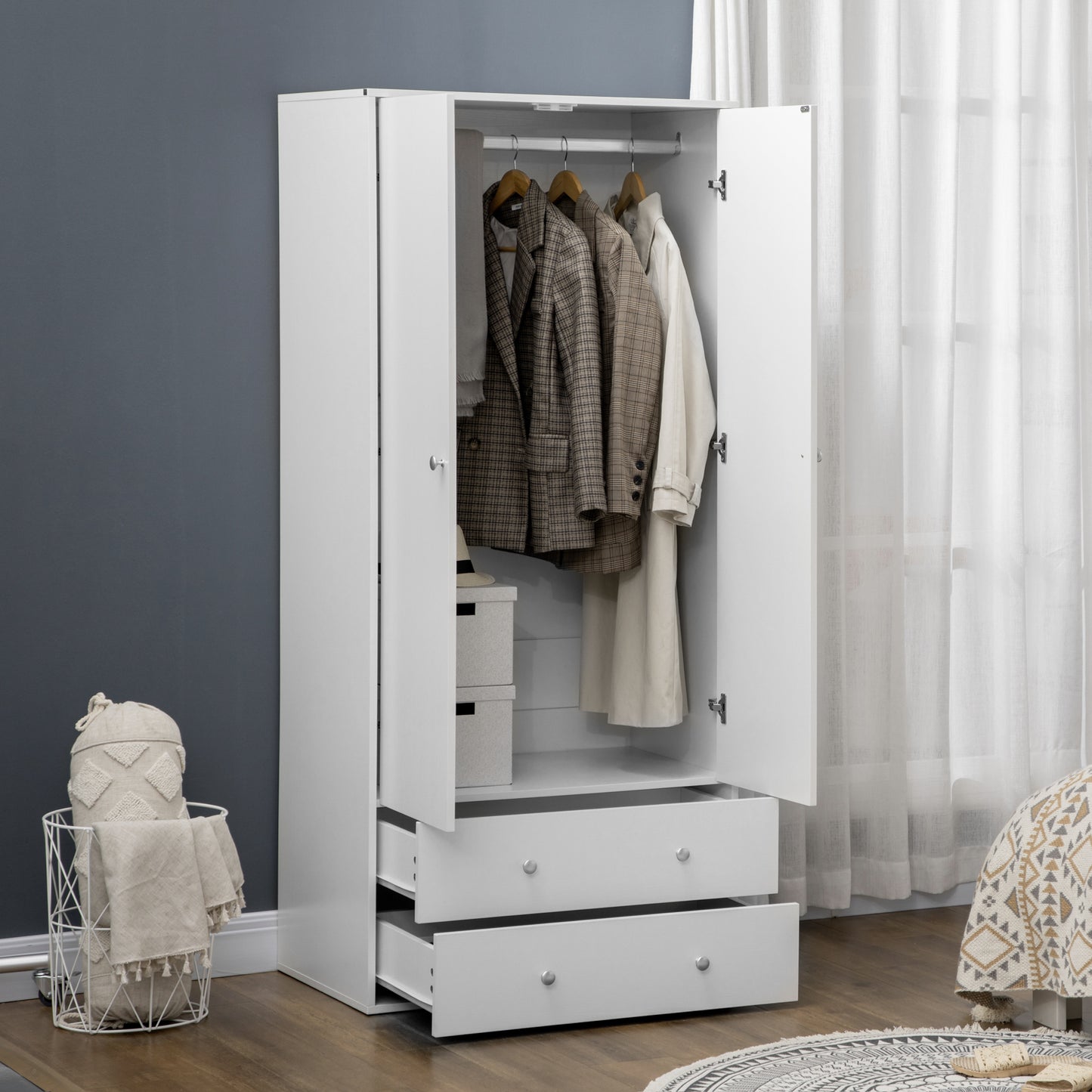 Spacious Wardrobe Closet Armoire with Drawers Hanging Rail for Bedroom Clothes Organization Storage White Kids Crystal