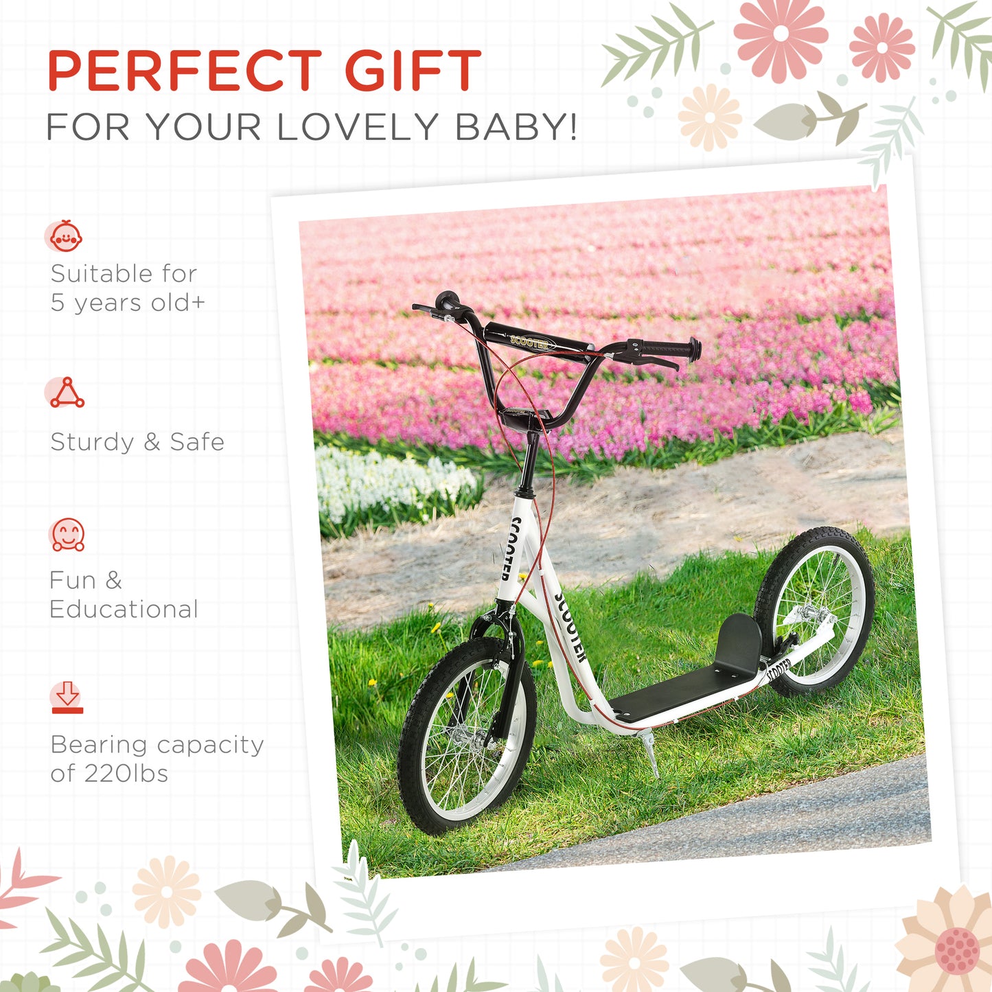 Youth Kick Scooter: Adjustable Handlebar, Dual Brakes, Inflatable Wheels for Teens 5+ - White Kids Crystal