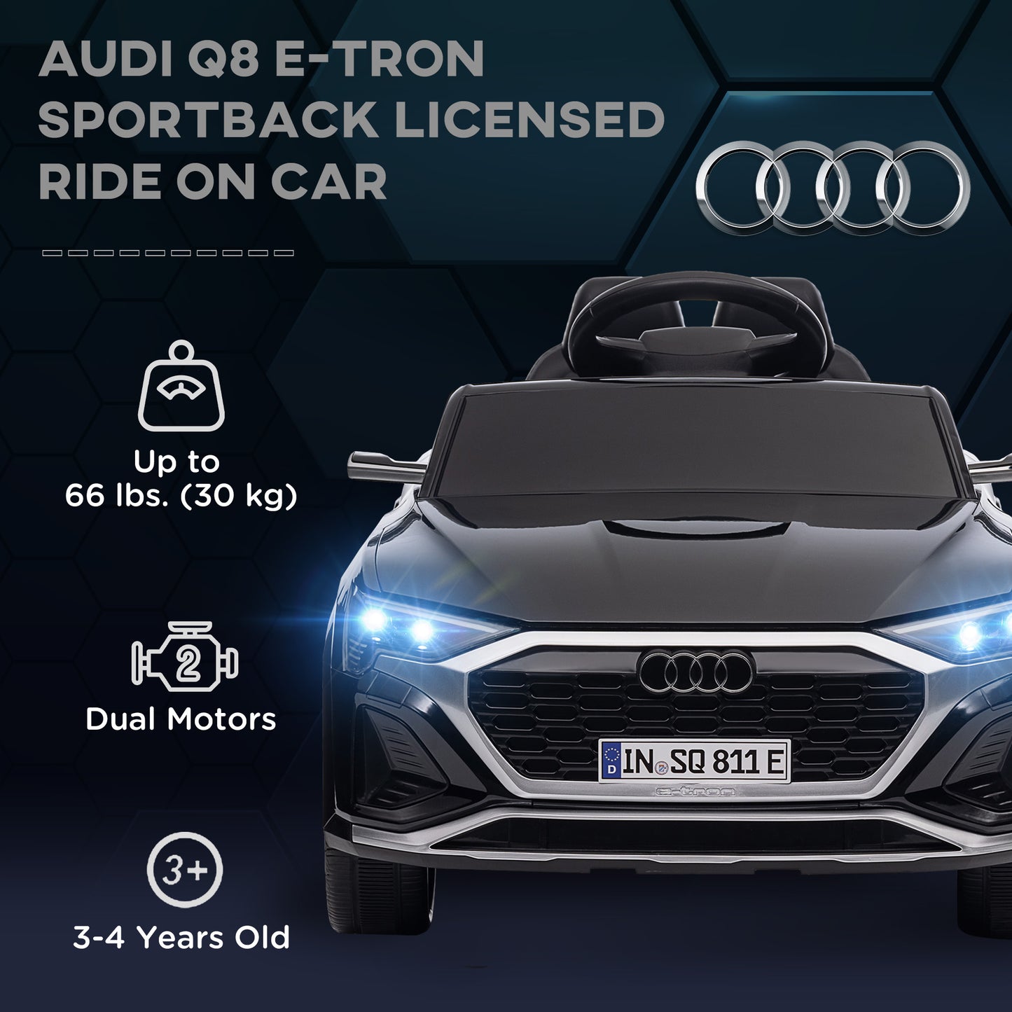 12V Battery Powered Kids Electric Car, Audi Q8 etron Sportback Licensed Ride on Car w/ Remote Control, Black Kids Crystal
