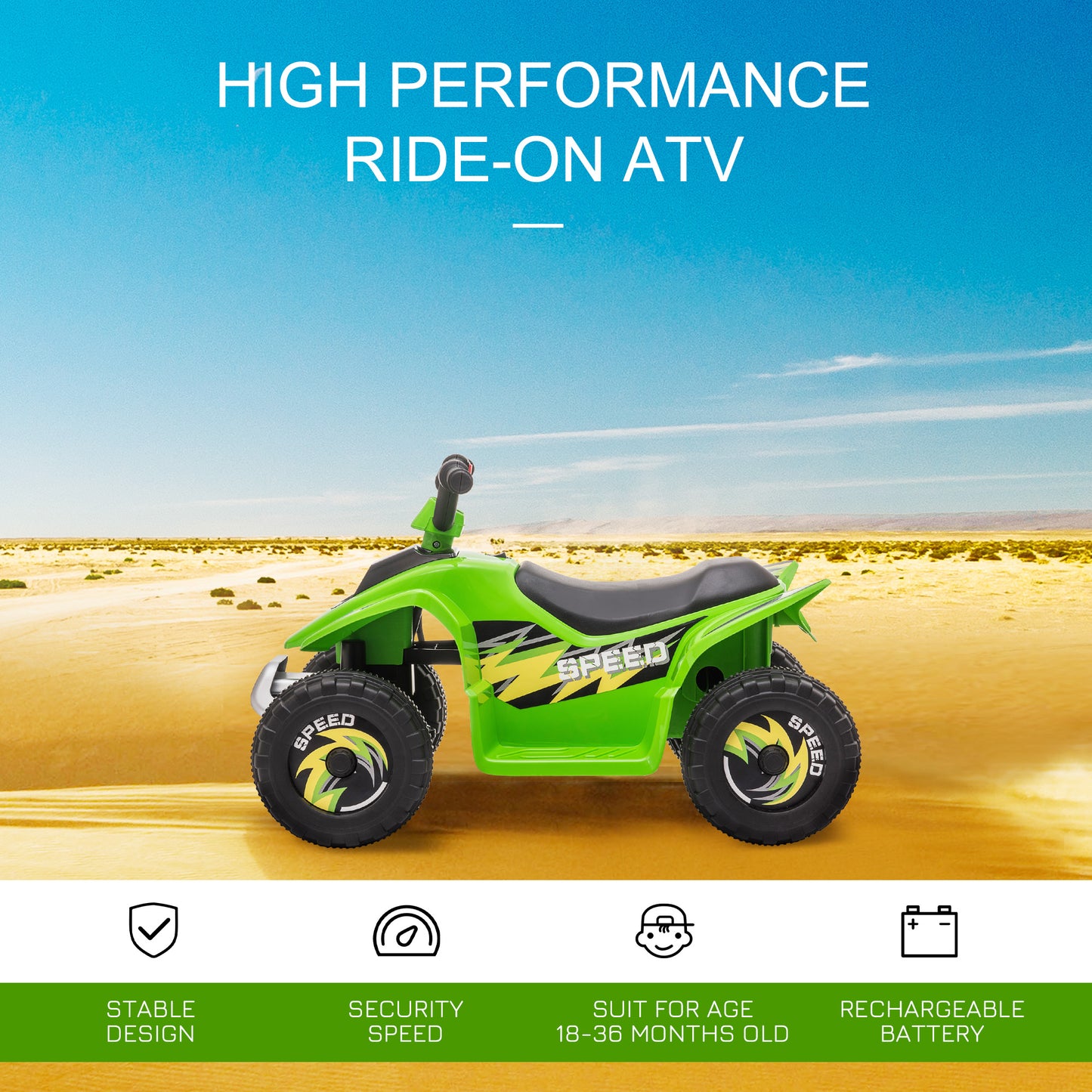 Kids Ride on ATV, 6V Battery Powered Quad Car with Forward, Reverse Switch, for Boys Girls 18-36 Months, Green Kids Crystal