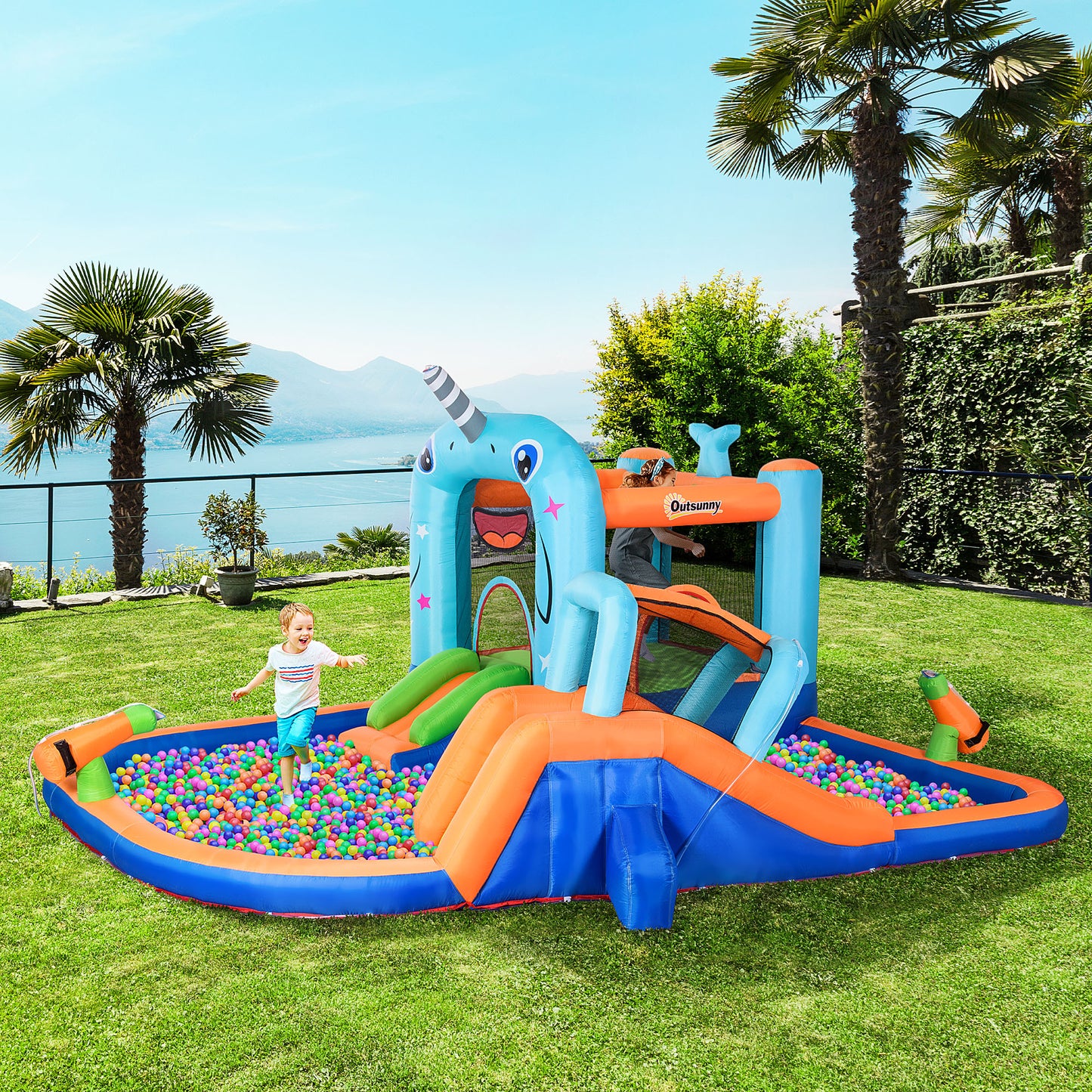 Narwhals Style 5-in-1 Inflatable Water Slide Kids Bounce House with Trampoline Climbing Wall Slide Carry Bag Kids Crystal