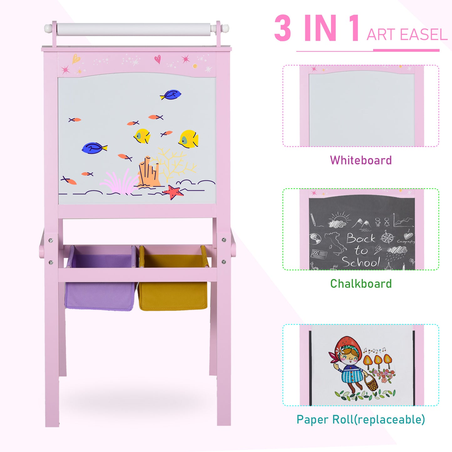 3 In 1 Kids Wooden Art Easel w/ Paper Roll Double-Sided Chalkboard Whiteboard with Storage Baskets Gift for Toddler Age 3+ Pink Kids Crystal
