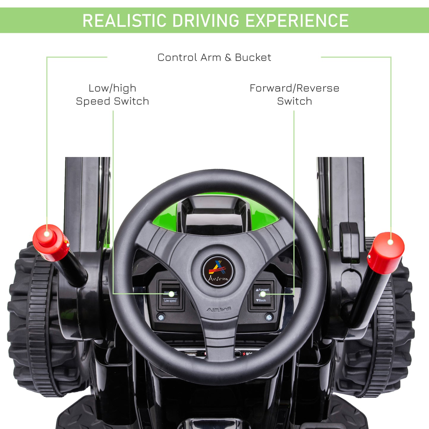 Kids Tractor 6V Battery Powered Digger Ride On Excavator Music Headlight Moving Forward Backward Green Kids Crystal