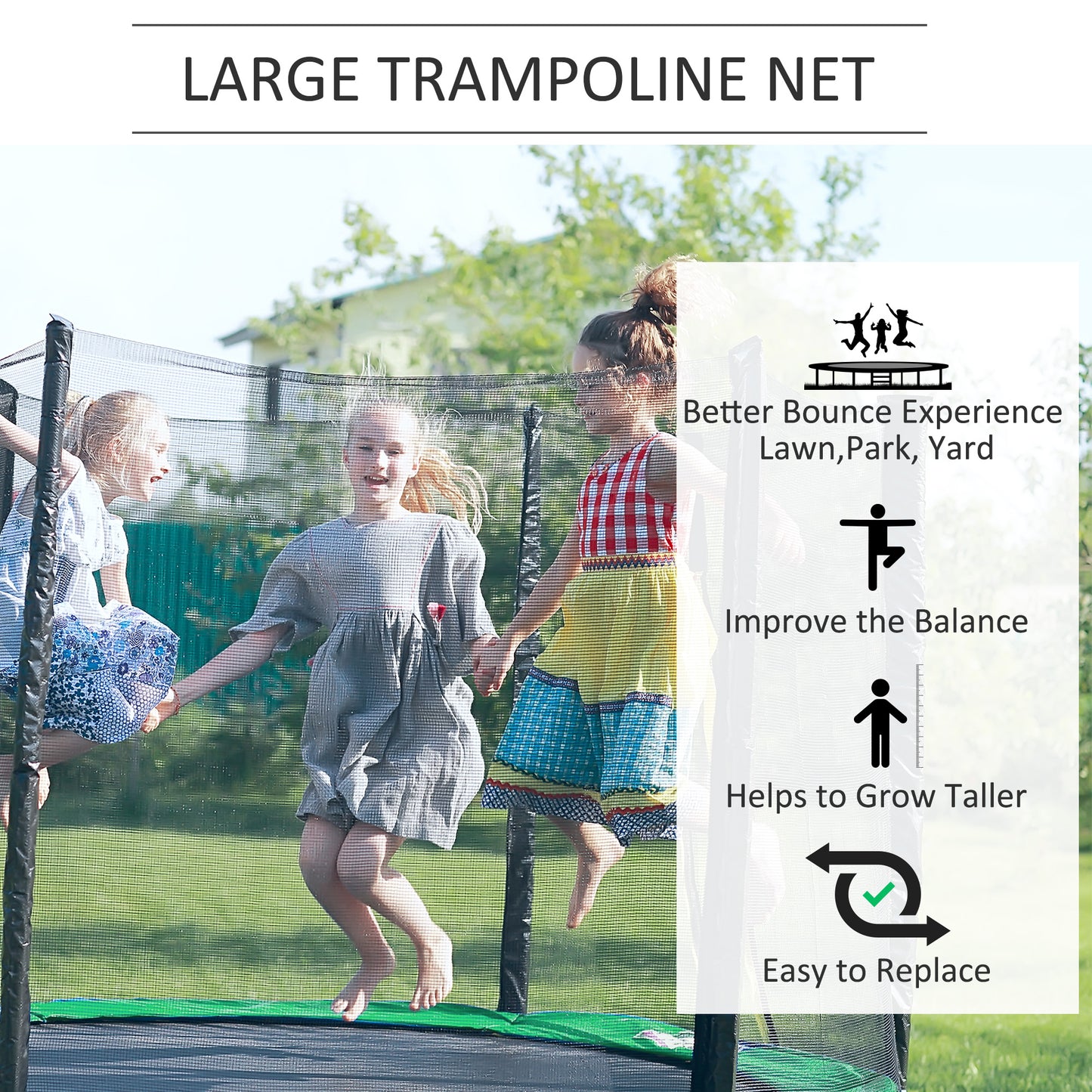 12' Round Trampoline Replacement Net Enclosure Safety Net Fence with 4 Arch 8 Poles Black Kids Crystal