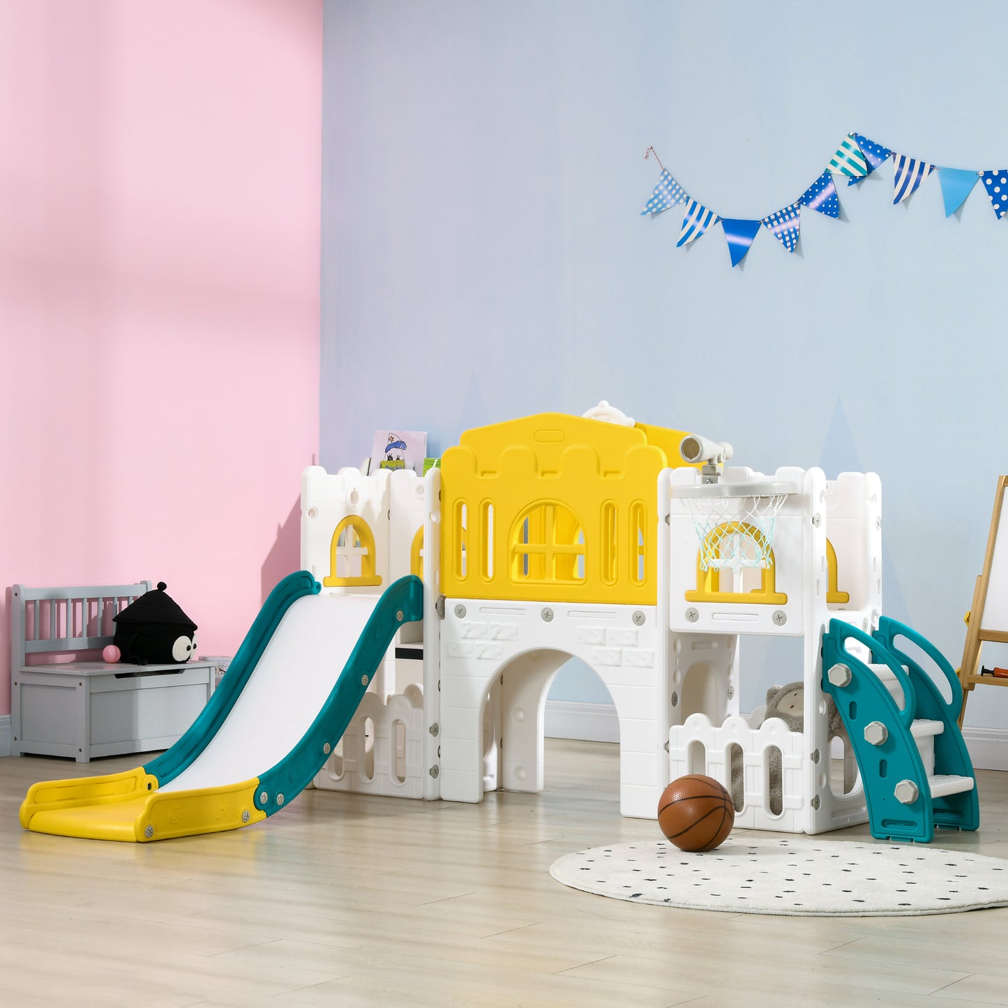 7 in 1 Toddler Slide with Basketball Hoop, Climber, Telescope, Tunnel, Steering Wheel, for 1-3 Years, Yellow Kids Crystal