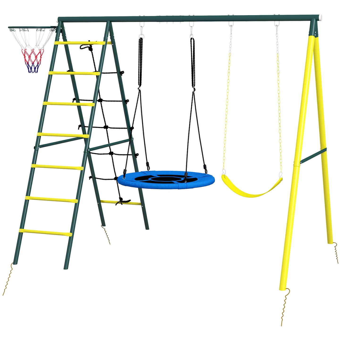 Swing Set 4-in-1 for Kids, Saucer Swing, Seat, Climbing, Basketball Hoop, 3-8 Years, Yellow Kids Crystal