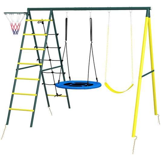 Swing Set 4-in-1 for Kids, Saucer Swing, Seat, Climbing, Basketball Hoop, 3-8 Years, Yellow Kids Crystal