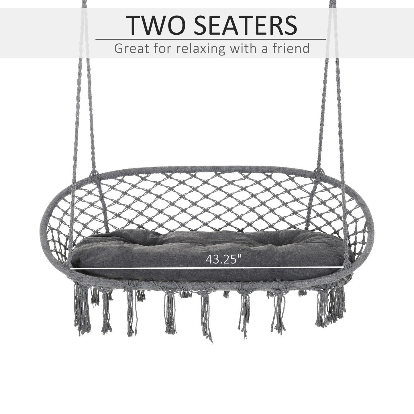 Hanging Chair 2 Seat Metal Swinging Hammock Chair with Cushion & Macrame Net Pattern 396 lbs Capacity Dark Grey Kids Crystal