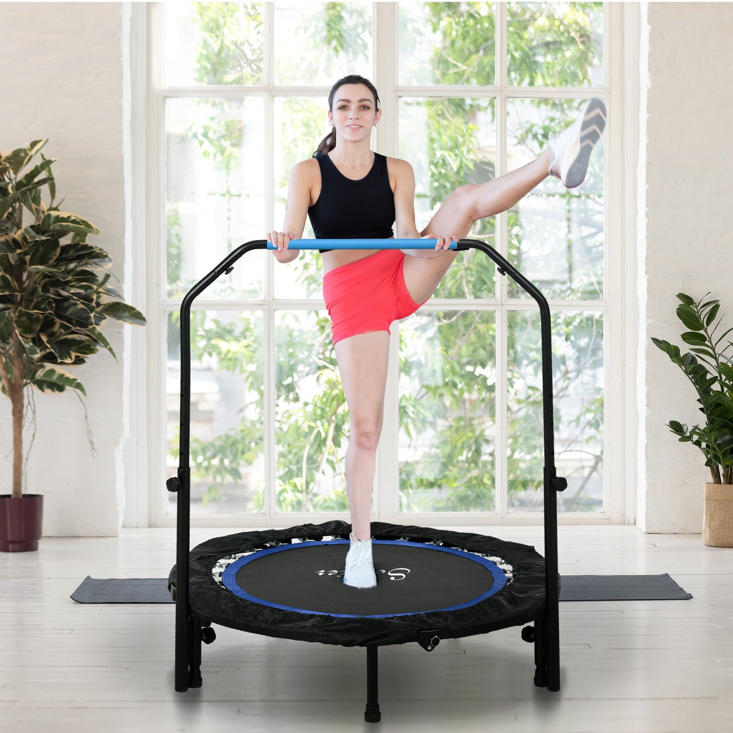 40" Foldable Mini Fitness Trampoline, with Adjustable Foam Handle, Blue Kids Crystal