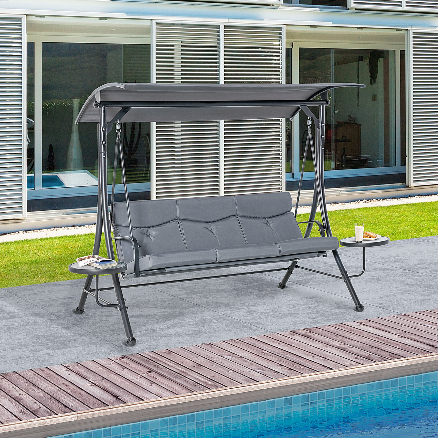 3 Seat Outdoor Swing Chair Steel Swing Bench Porch Swing With Adjustable Canopy & Coffee Tables & Cushion for Patio Garden Kids Crystal
