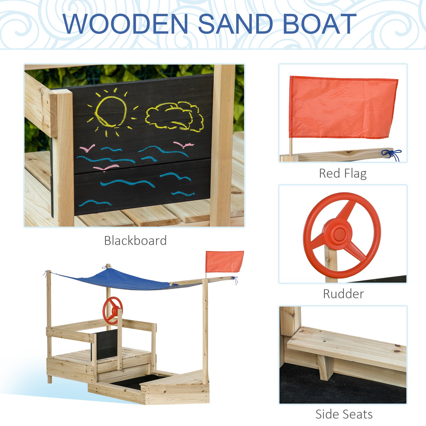 Wooden Sandbox for Kids Outdoor Sand Boat with Cover Foldable Play Station Natural Wood Finish Kids Crystal