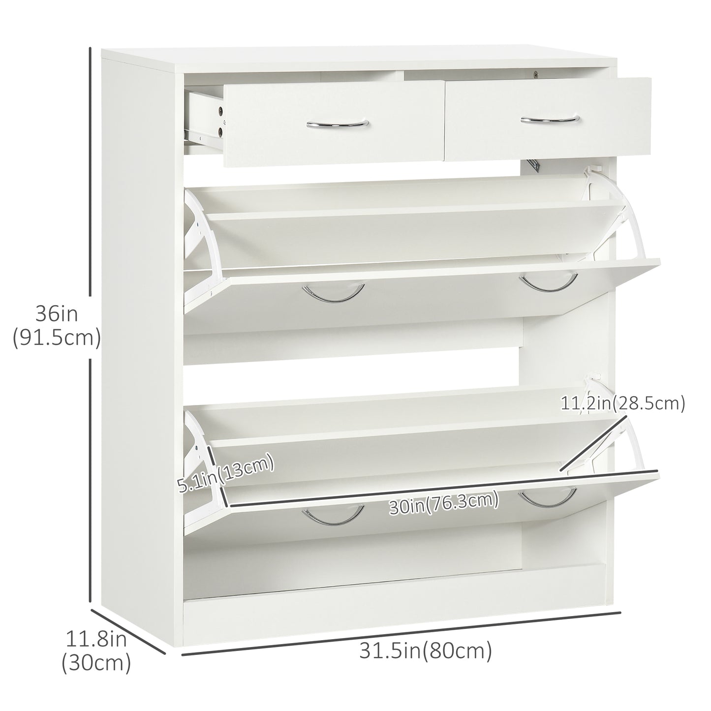 Narrow Shoe Storage Cabinet 2 Flip Drawers Adjustable Shelves Organizer for 12 Pairs White Kids Crystal