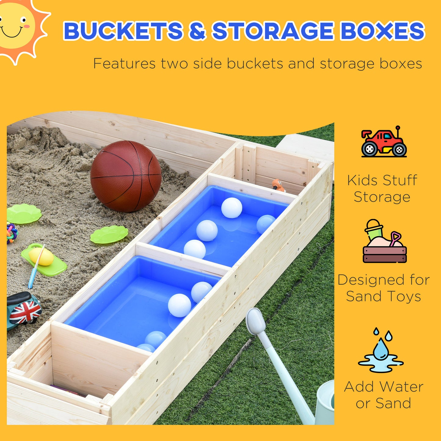 Wooden Kids Sandbox with Foldable Bench Seat, 2 Plastic Boxes, Bottom Liner, Storage Space for Garden, Backyard Kids Crystal