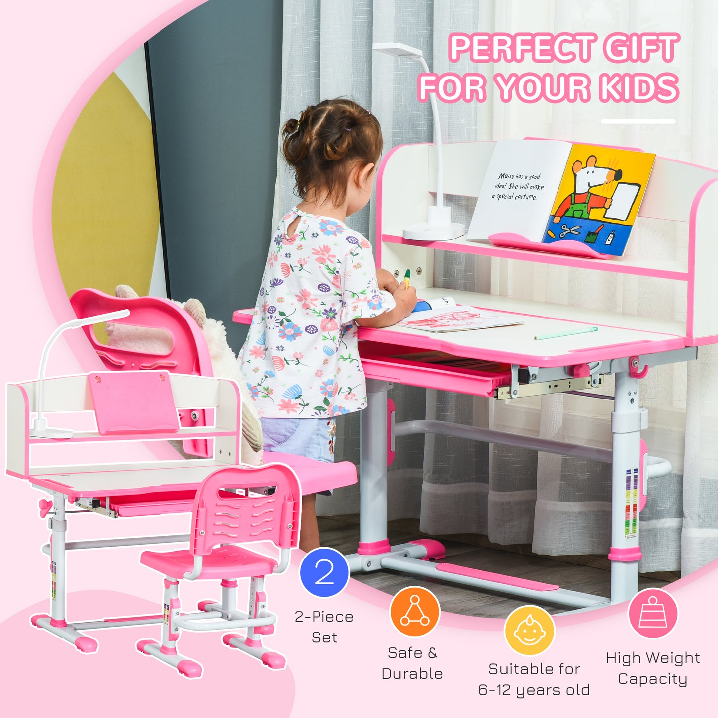 Kids Adjustable Desk and Chair Set with LED Light Bookshelf Drawer for Student Study Pink Kids Crystal
