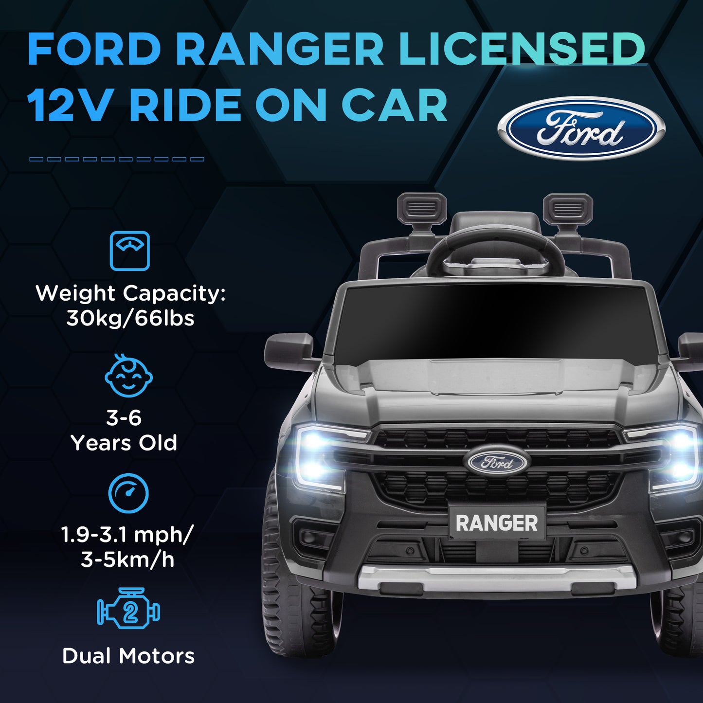 Ford Ranger Licensed 12V Ride on Car Battery Powered Kids Truck w/ Rear Storage Remote, Spring Suspension, Grey Kids Crystal