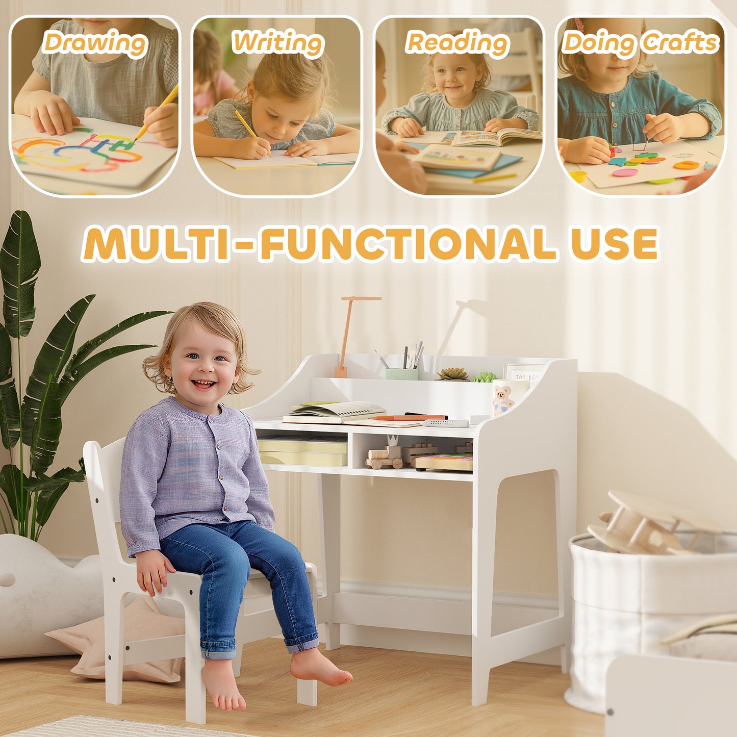 Kids Desk and Chair Set with Storage, Shelves for Bedroom, 3-8 Years Old, White Kids Crystal
