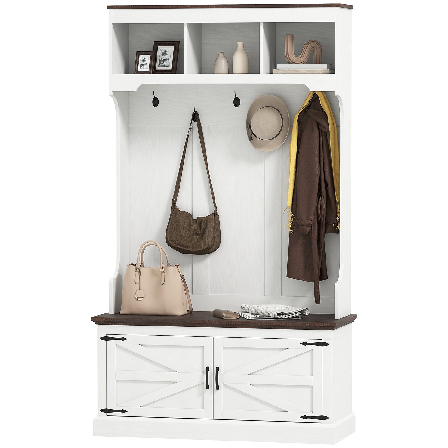 3-in-1 Hall Tree with Bench, Coat Rack with Shoe Storage, White Wood Grain