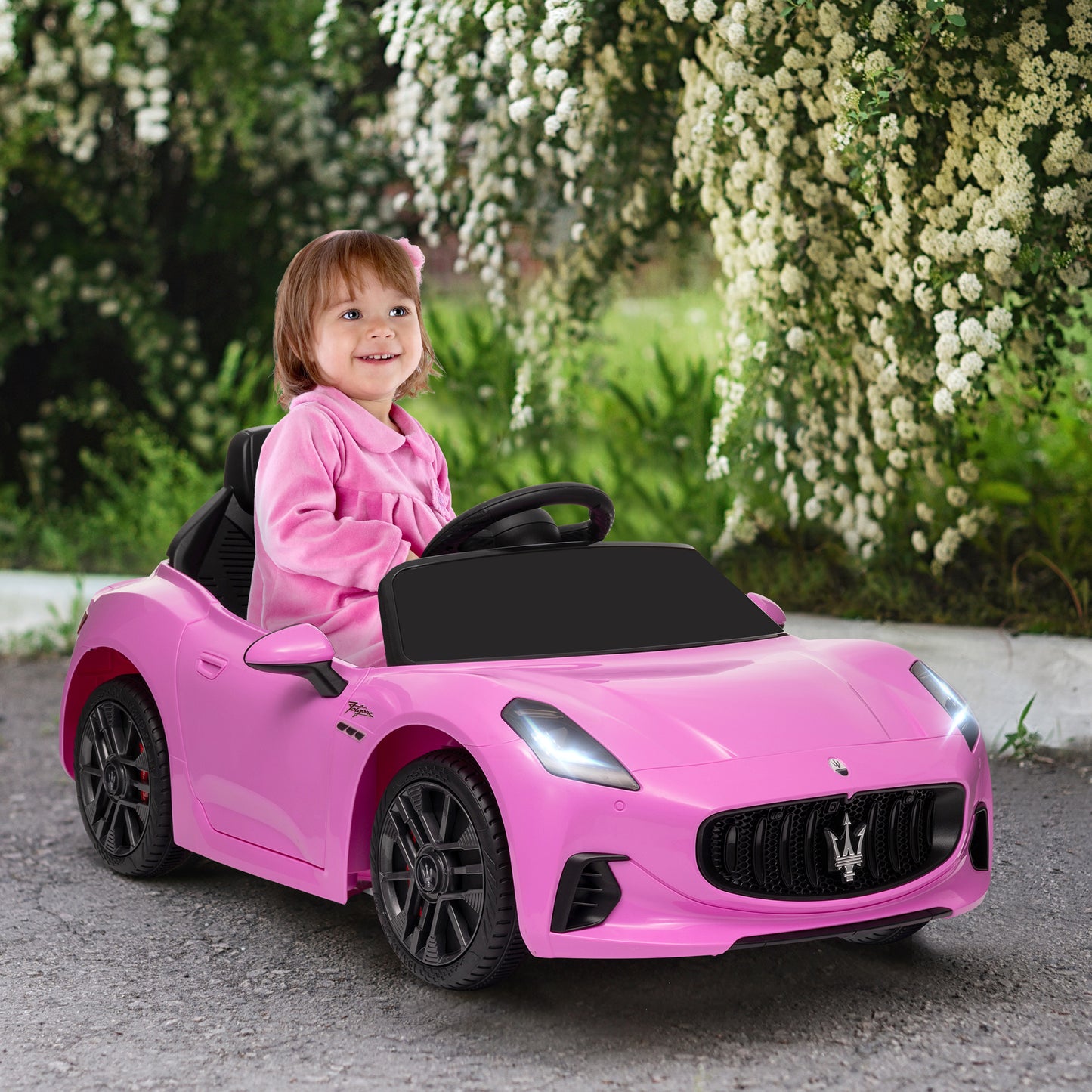 12V Maserati Gran Turismo Licensed Kids Electric Car w/ Remote Control, Soft Start, LED Lights, Music, Horn, MP3, Pink Kids Crystal