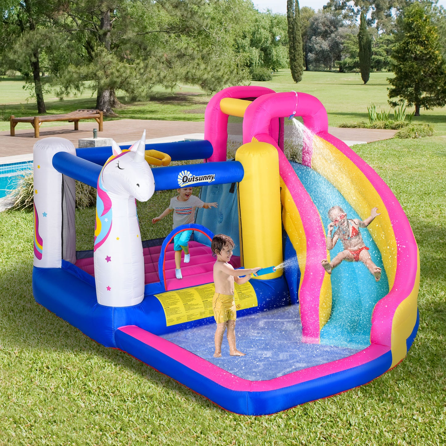 Bouncy Castle with Water Slide Inflatable Trampoline Pool for Kids 5 in 1 Climbing Wall Bounce House with Blower Kids Crystal
