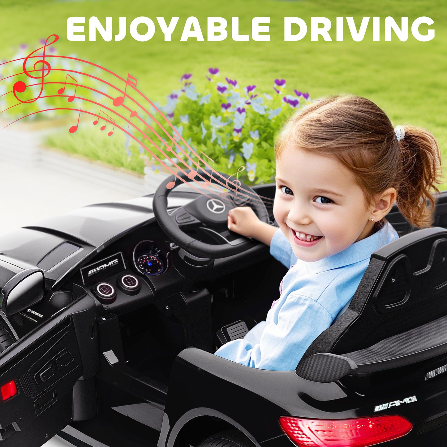 Mercedes-Benz AMG GTR Licensed 12V Battery Powered Kids Electric Car w/ Remote, Soft Start, Lights, Music Horn Black Kids Crystal