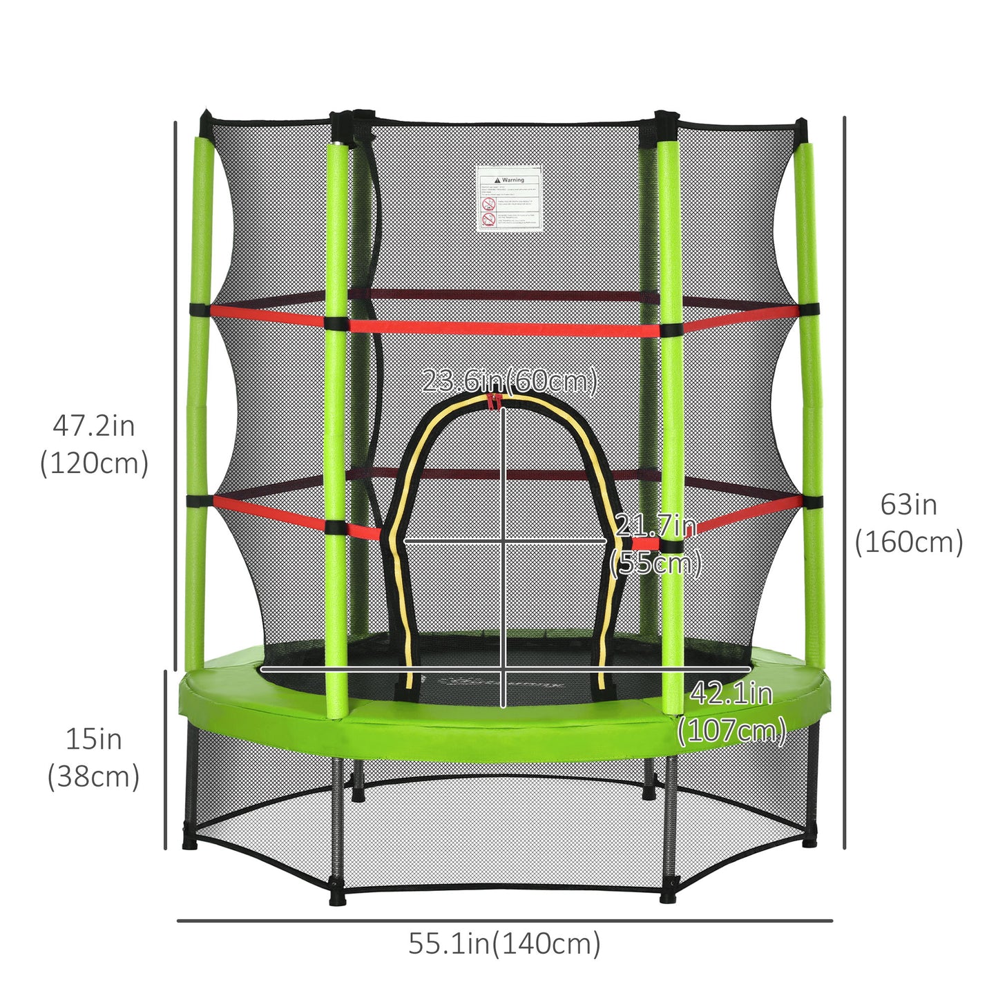 Kids Trampoline: ?55" Round, Safety Net, Indoor Bouncer, 3-6 Years, Steel Frame, Green Kids Crystal