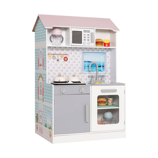 2-In-1 Double Sided Kids Kitchen Playset and Dollhouse with Furniture Kids Crystal