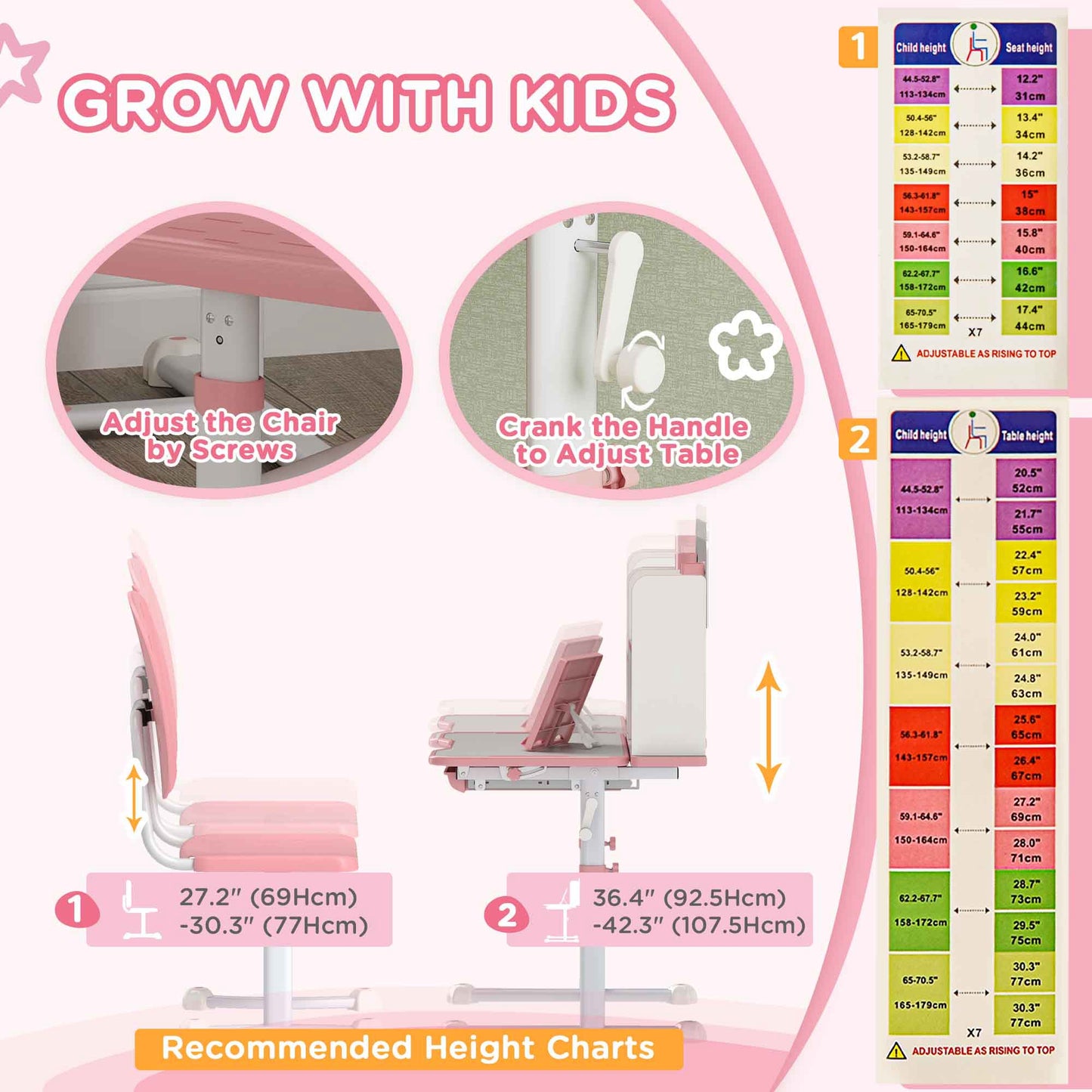 Adjustable Height Kids Desk and Chair Set, Kids Study Table and Chair with Tilt Desktop, Drawer, Reading Rack, Pink Kids Crystal