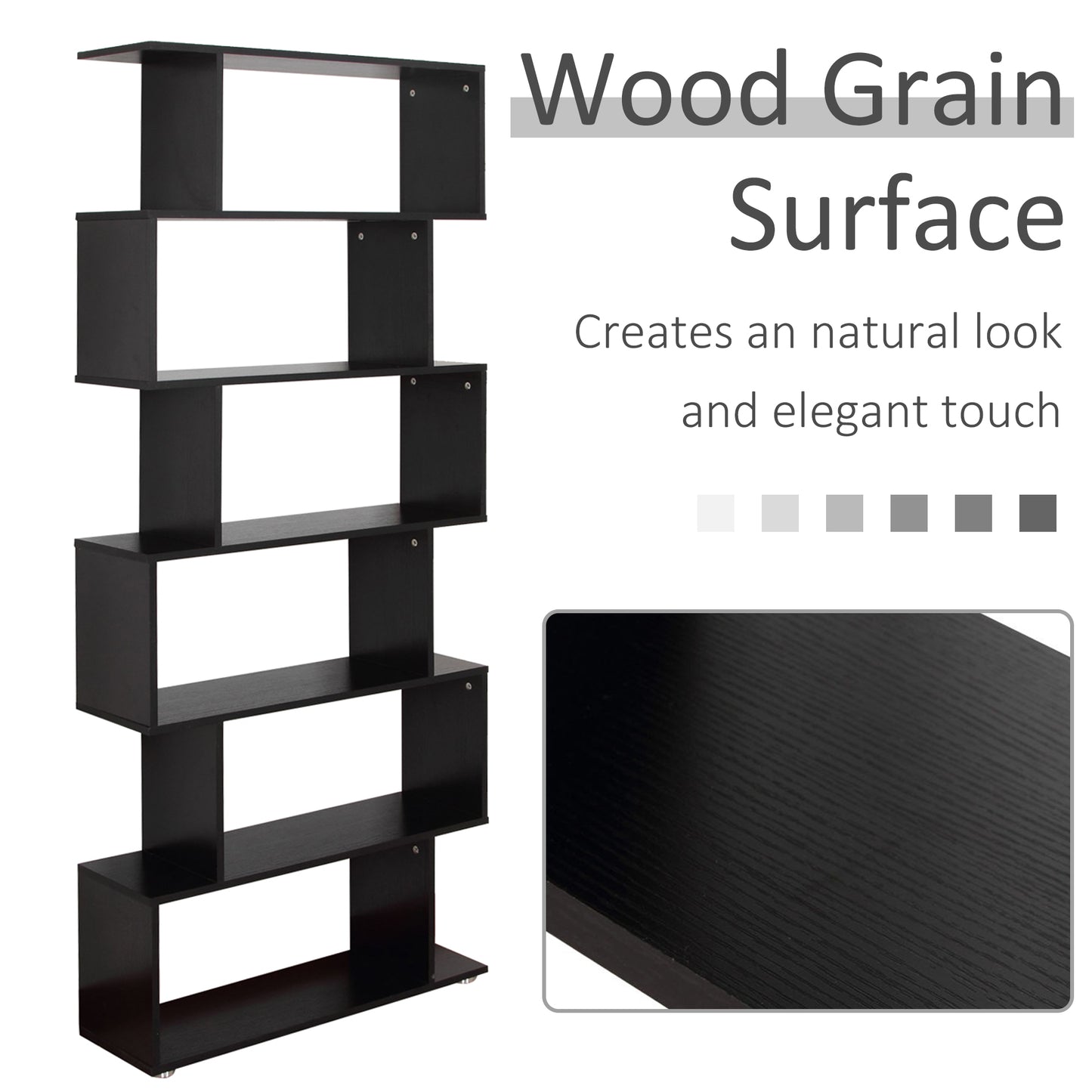 6-Tier S-Shape Wooden Bookcase: Storage Display Unit for Home Office Furniture, Black Kids Crystal