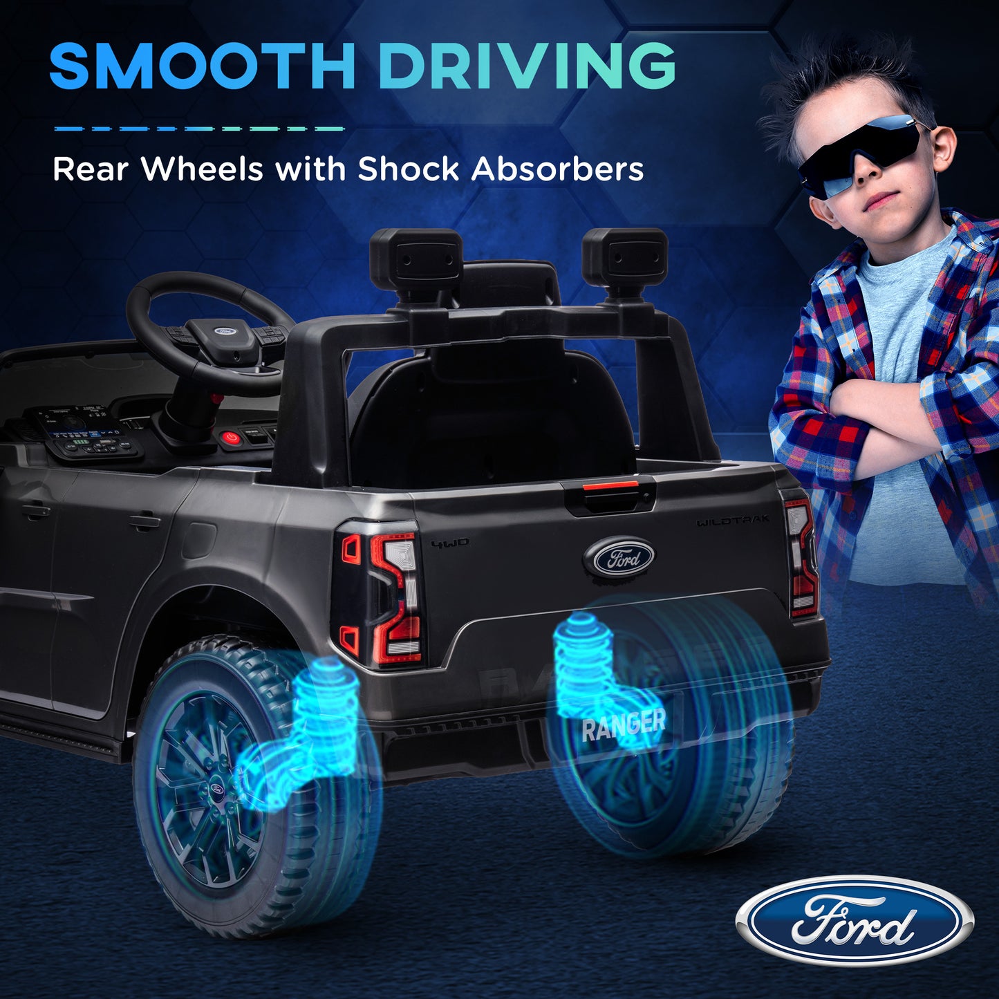 Ford Ranger Licensed 12V Ride on Car Battery Powered Kids Truck w/ Rear Storage Remote, Spring Suspension, Grey Kids Crystal