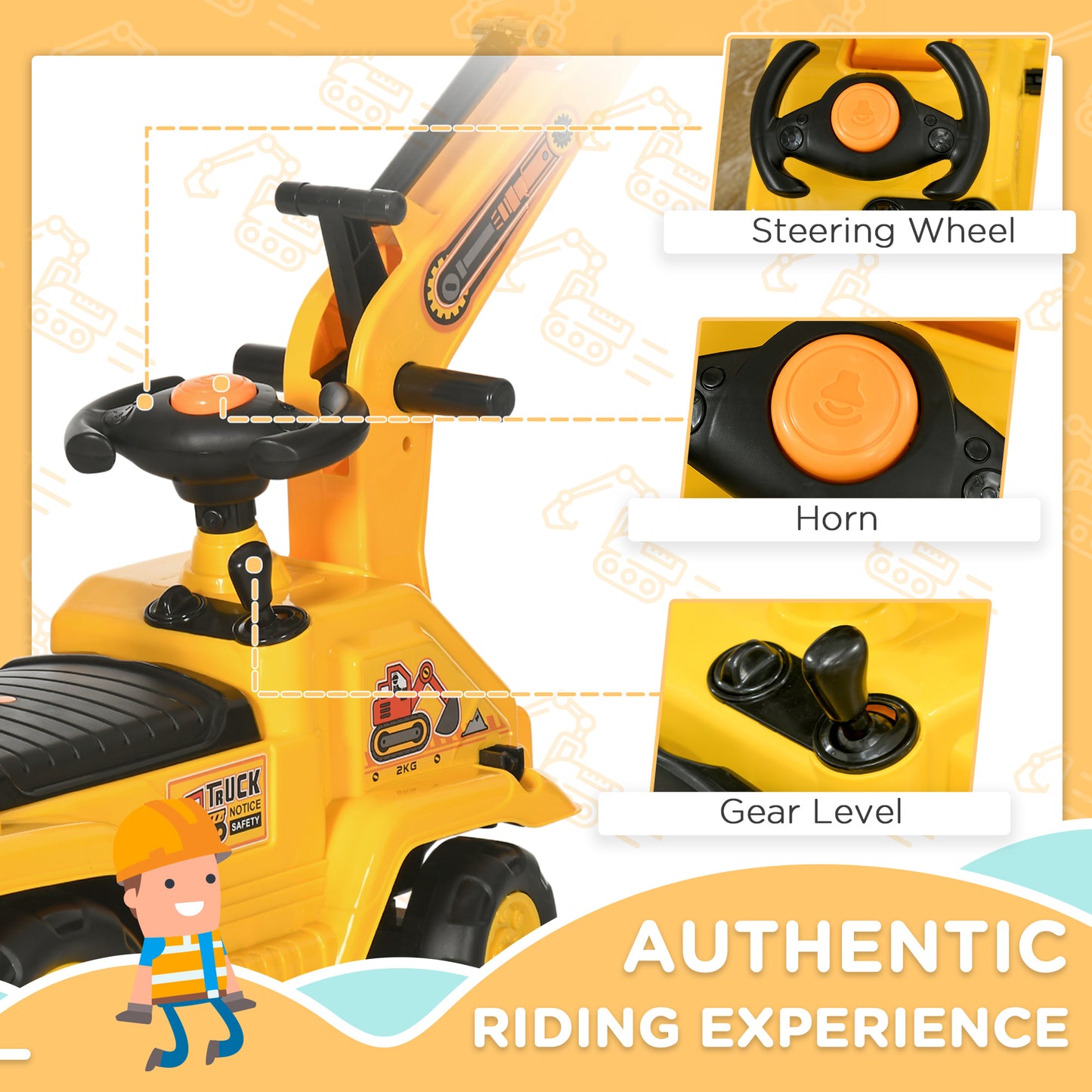 3 in 1 Ride On Toy Excavator Digger Scooter Pulling Cart Pretend Play Construction Truck Kids Crystal