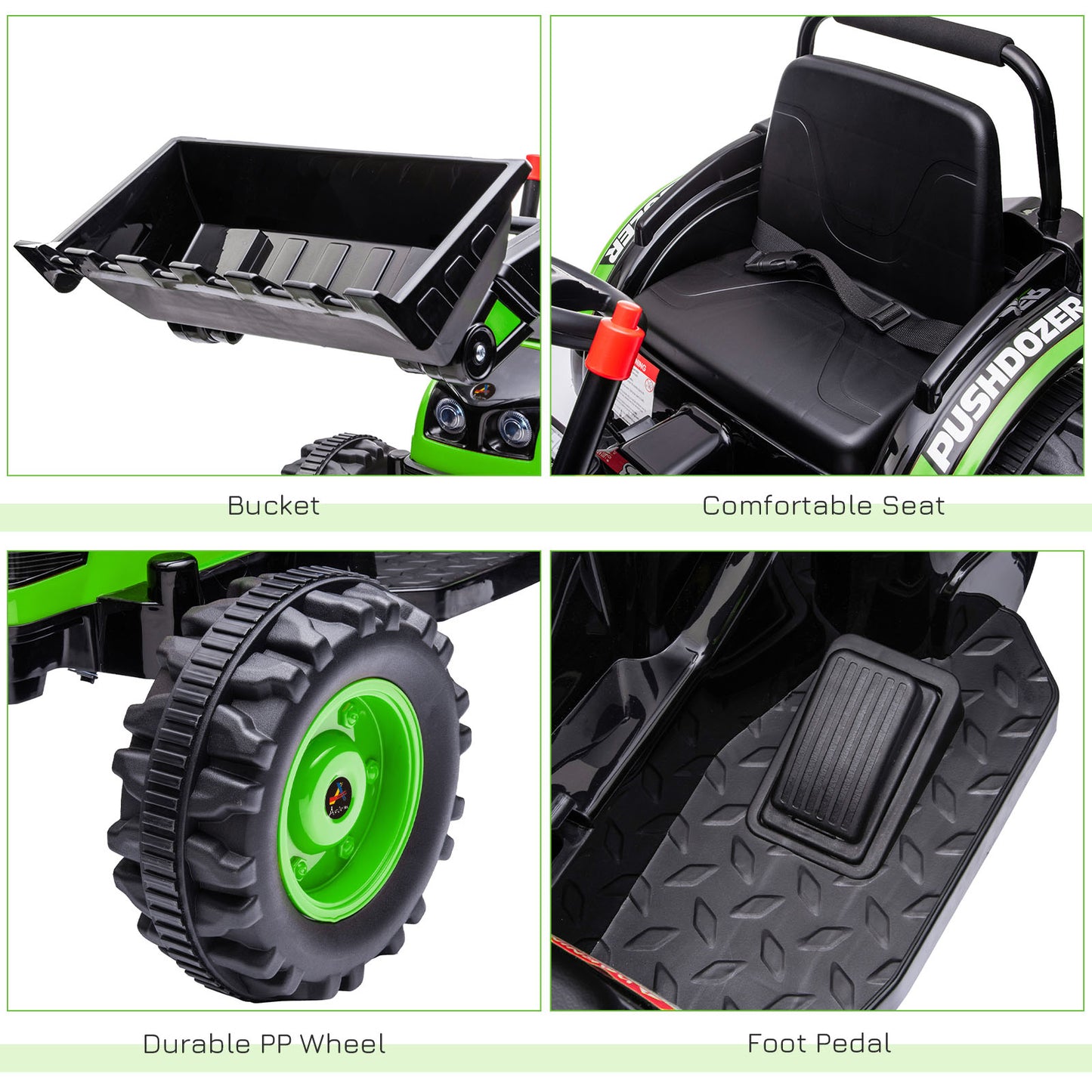 Kids Tractor 6V Battery Powered Digger Ride On Excavator Music Headlight Moving Forward Backward Green Kids Crystal