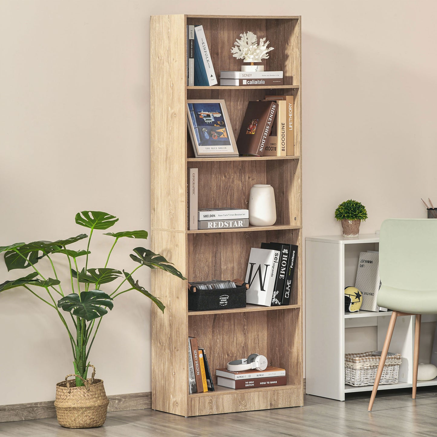 5-Tier Bookcase: Adjustable Shelves Display Unit for Living Room/Office, Natural Wood Kids Crystal