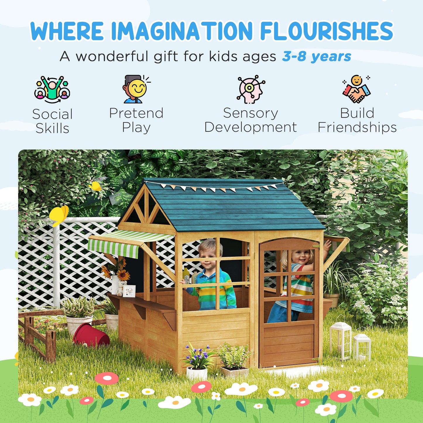 Wooden Foldable Outdoor Playhouse for Kids Ages 3-8, Snack Bars, Working Door, Rain Covers, Blackboards, Brown Kids Crystal