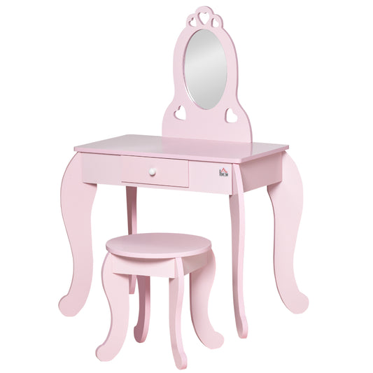 Kids Vanity Table Set with Mirror and Stool, Drawer, for 3-6 Years, Pink Kids Crystal