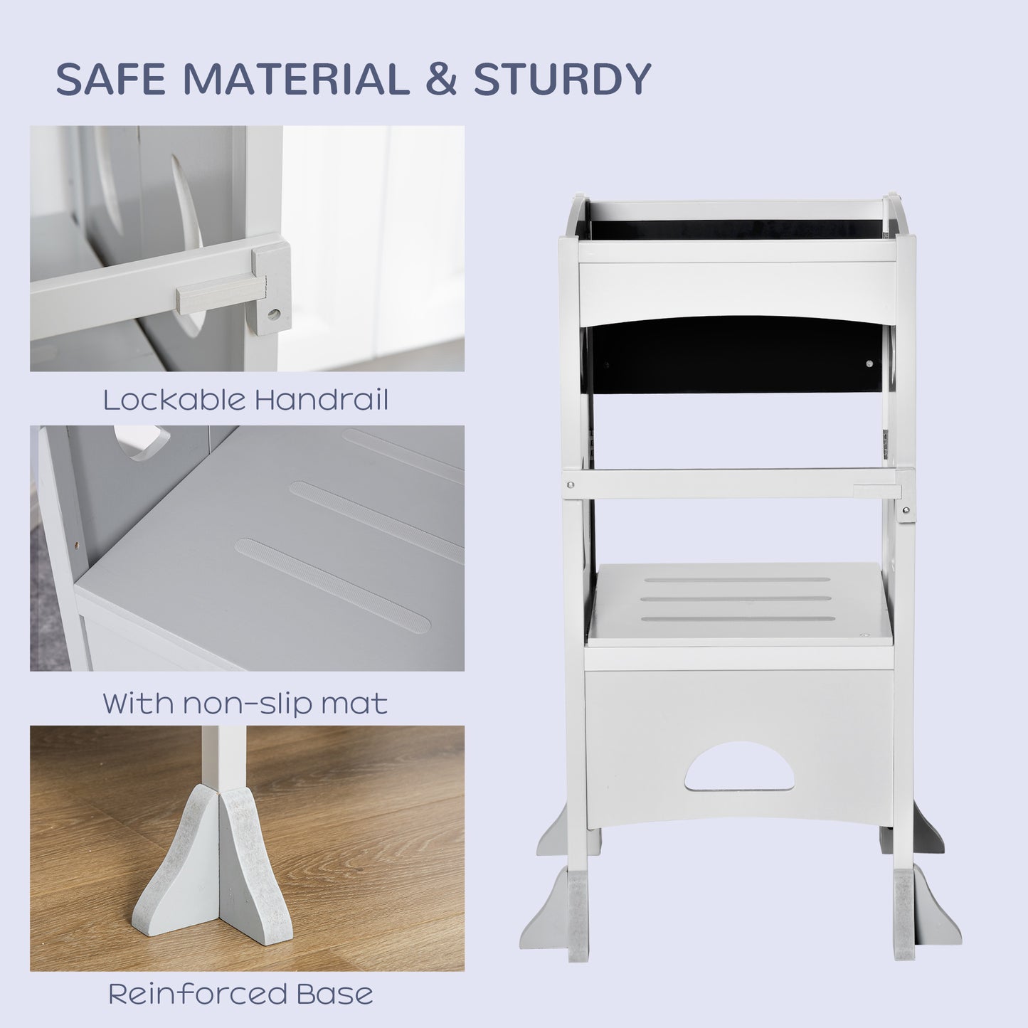 Foldable Kids Kitchen Helper Stool with Blackboard & Lockable Handrail for Ages 3-6 in Grey