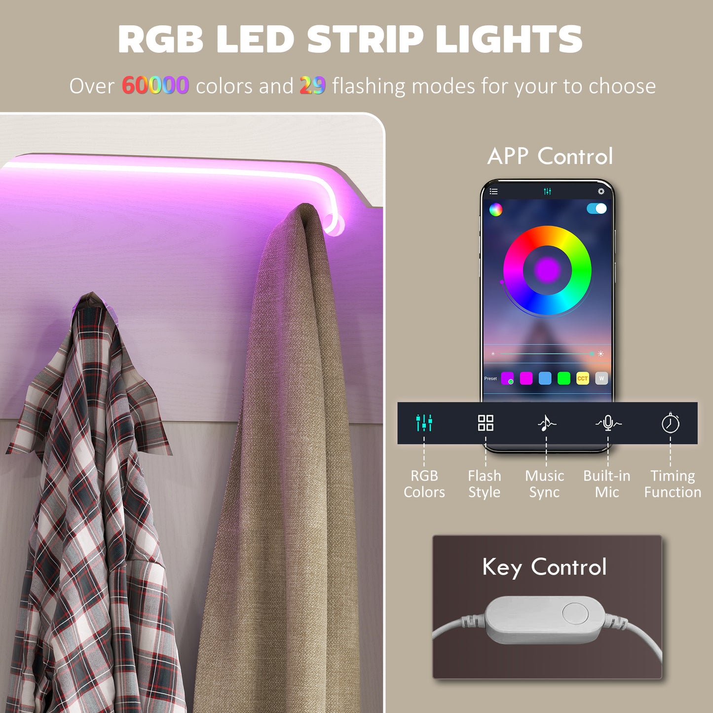 3-in-1 Hall Tree with LED Lights and Bench, Coat Rack with Shoe Storage, White Wood Grain
