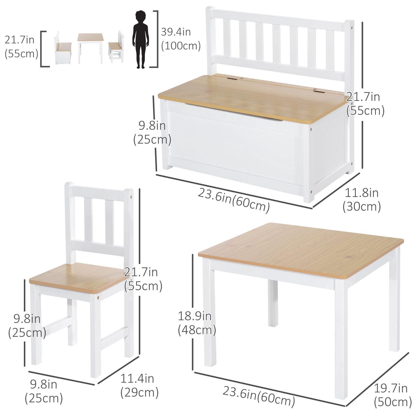 4-Piece Kids Wood Table Chair Bench Set: With Storage, Easy Clean, Natural/White Gift for Age 3+ Kids Crystal