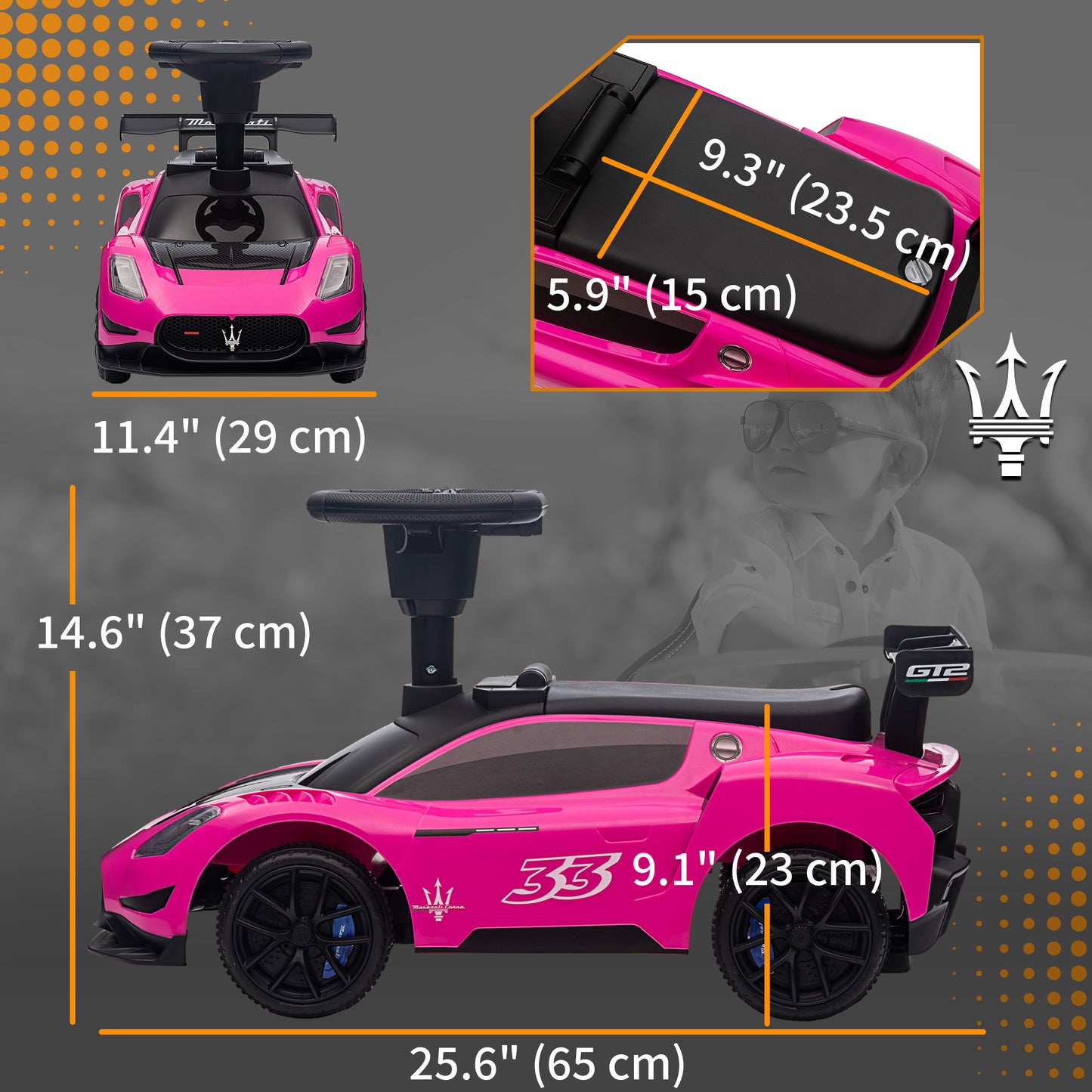 Licensed Maserati GT2 Baby Sliding Car with Storage, Music, Horn, Foot to Floor Toddler Car for 18-60 Months, Pink Kids Crystal
