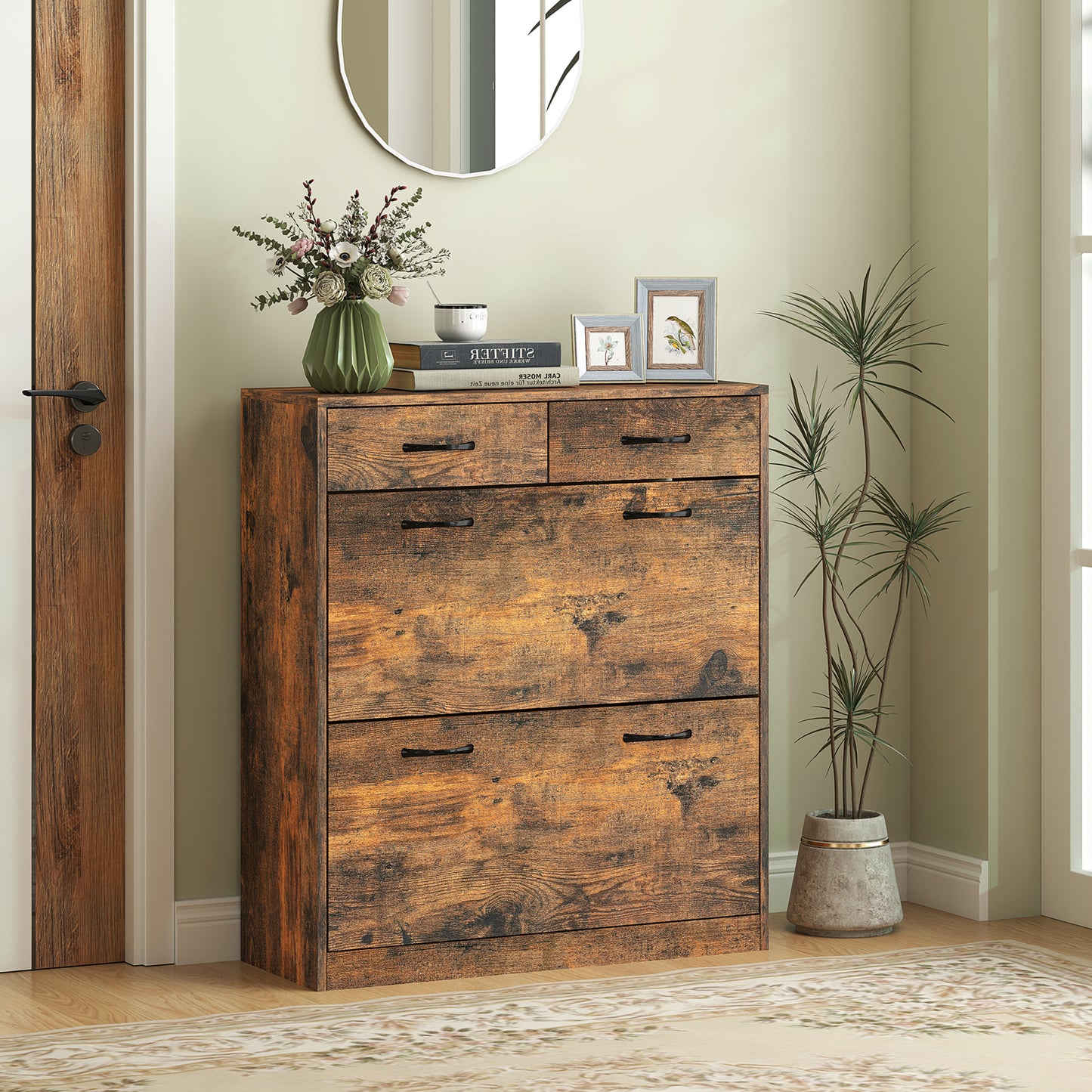 Narrow Shoe Storage with 2 Flip Drawers and Adjustable Shelves Shoe Organizer Cabinet for 12 Pairs of Shoes, Brown Kids Crystal