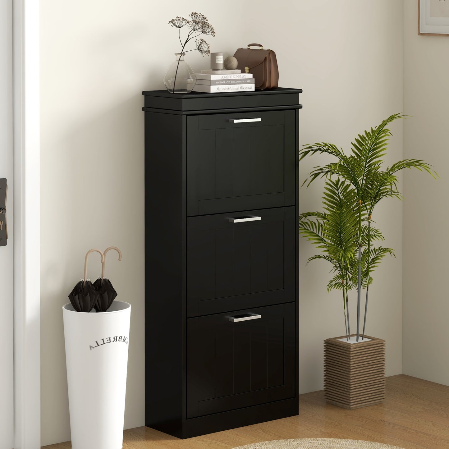 Narrow Shoe Cabinet: Black Storage with 3 Flip Drawers & Adjustable Shelves for 15 Pairs, Modern Design Kids Crystal