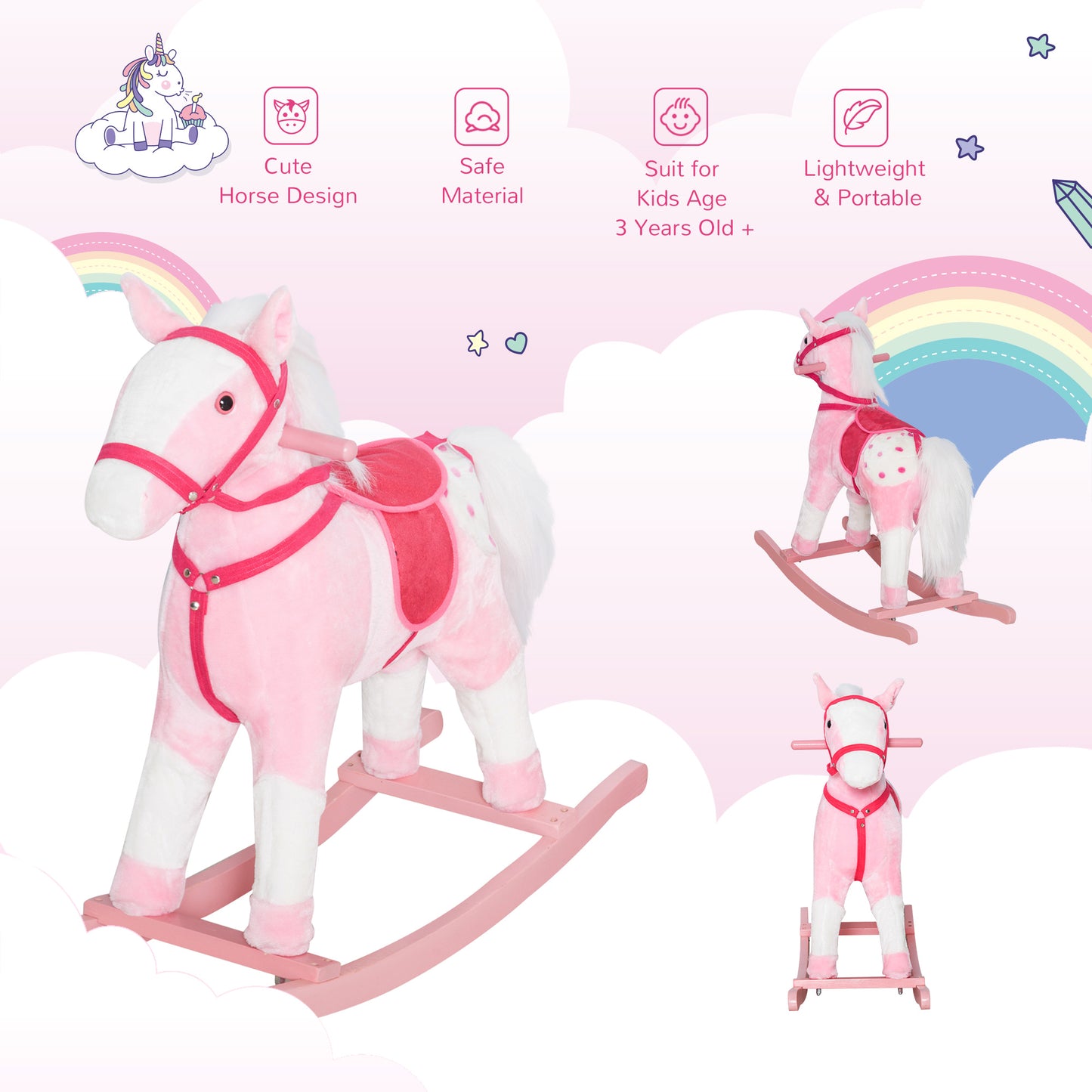 Rocking Plush Horse Poney Pony Children Kid Ride on Toy w/ Realistic Sound (Light Pink) Kids Crystal
