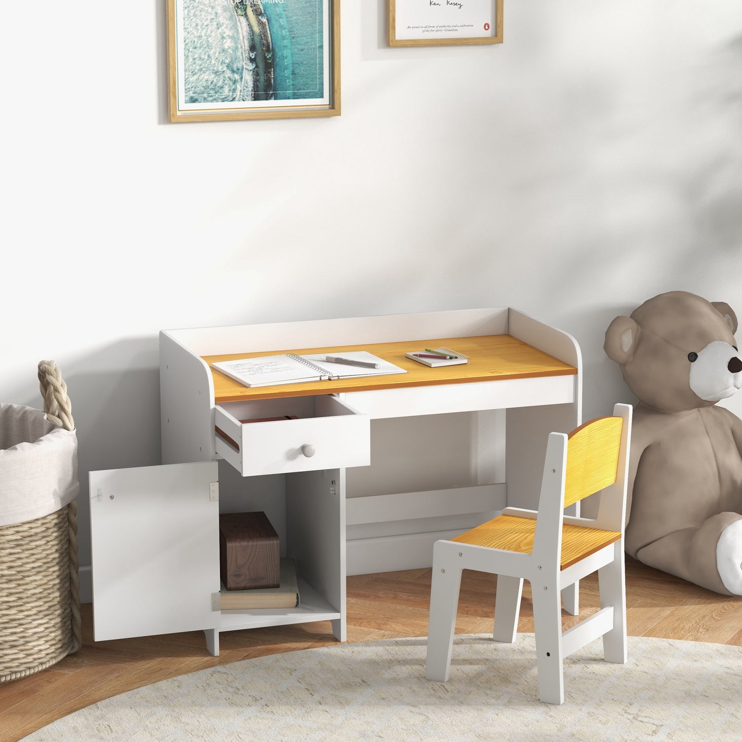 Kids Desk and Chair Set for 3-6 Year Old with Storage Drawer Study Table and Chair for Children White Kids Crystal