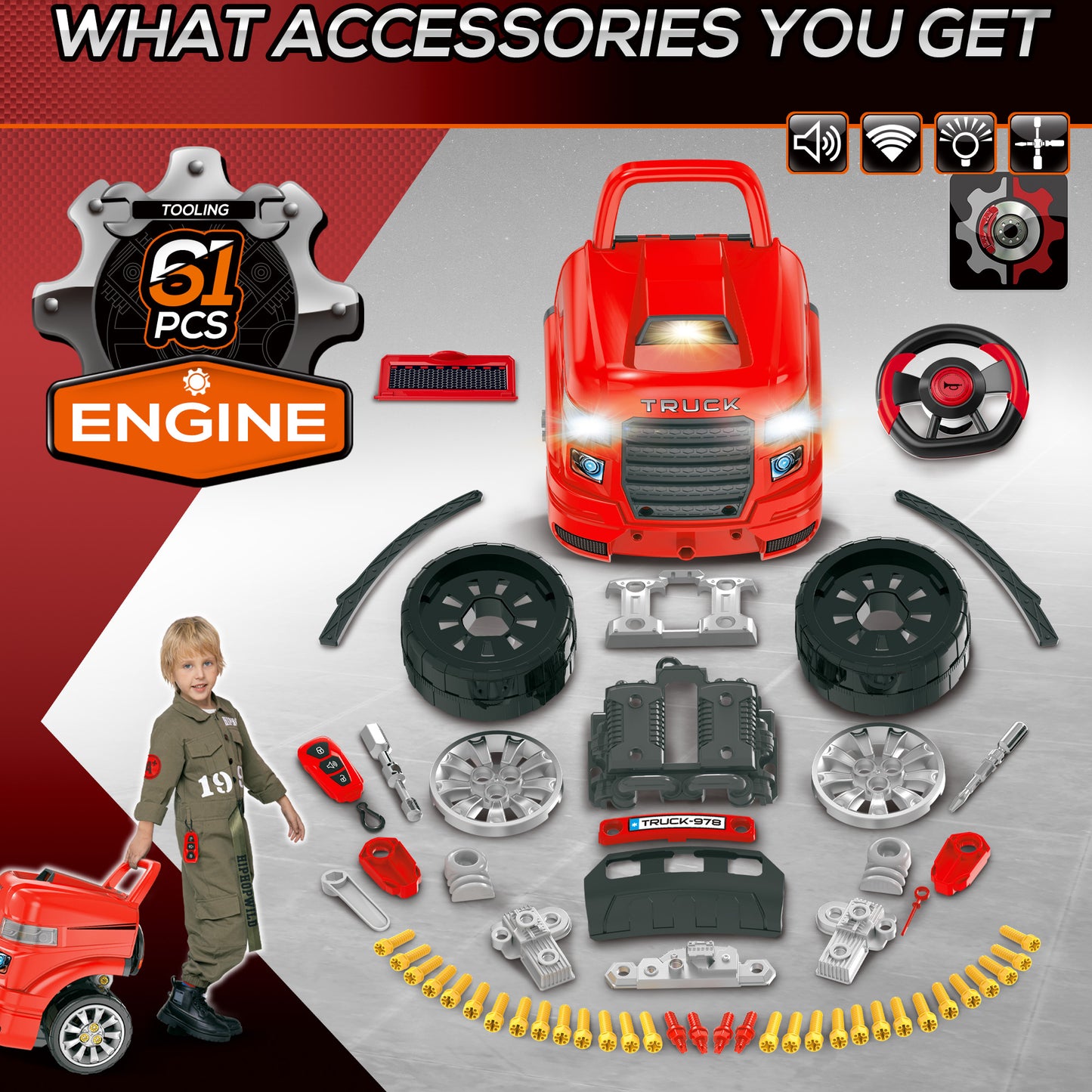 Educational Kids Truck Engine Toy Set Car Service Station Playset with Steering Wheel Horn Light RC Car Key Red Kids Crystal